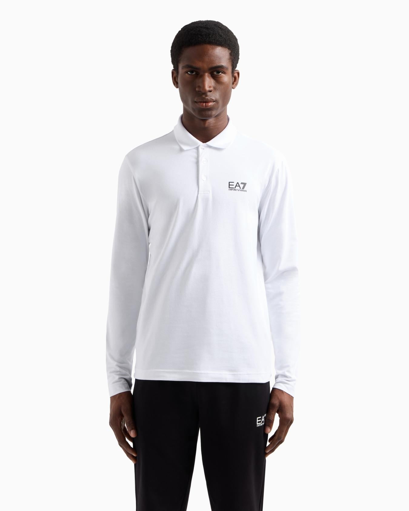 EA7 Ea7 Erkek Pamuklu Uzun Kol Dokuma Günlük Kullanım Beyaz Polo Yaka T-Shirt 8NPF15 PJVQZ-1100