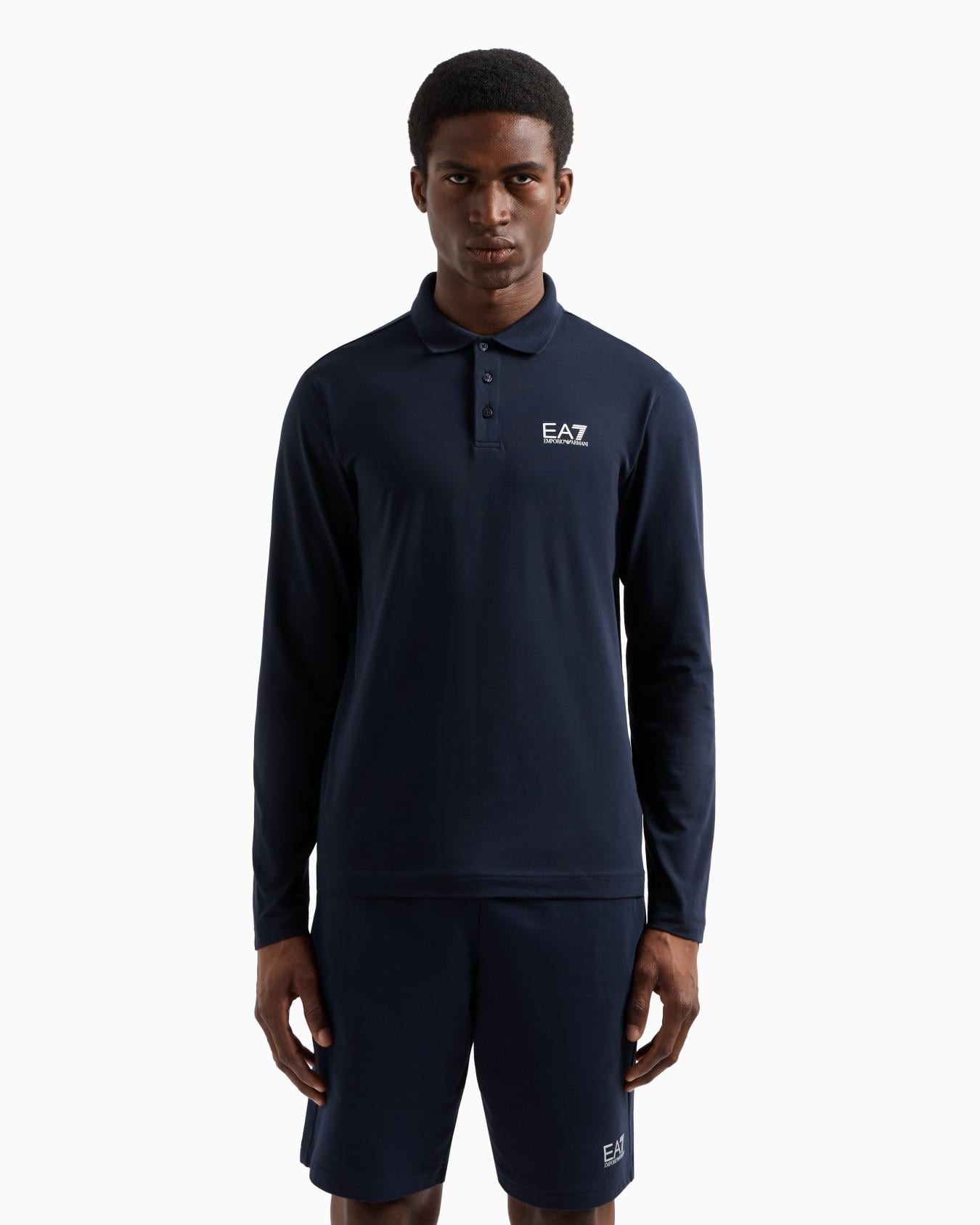 EA7 Ea7 Erkek Pamuklu Uzun Kol Dokuma Günlük Kullanım Mavi Polo Yaka T-Shirt 8NPF15 PJVQZ-1562