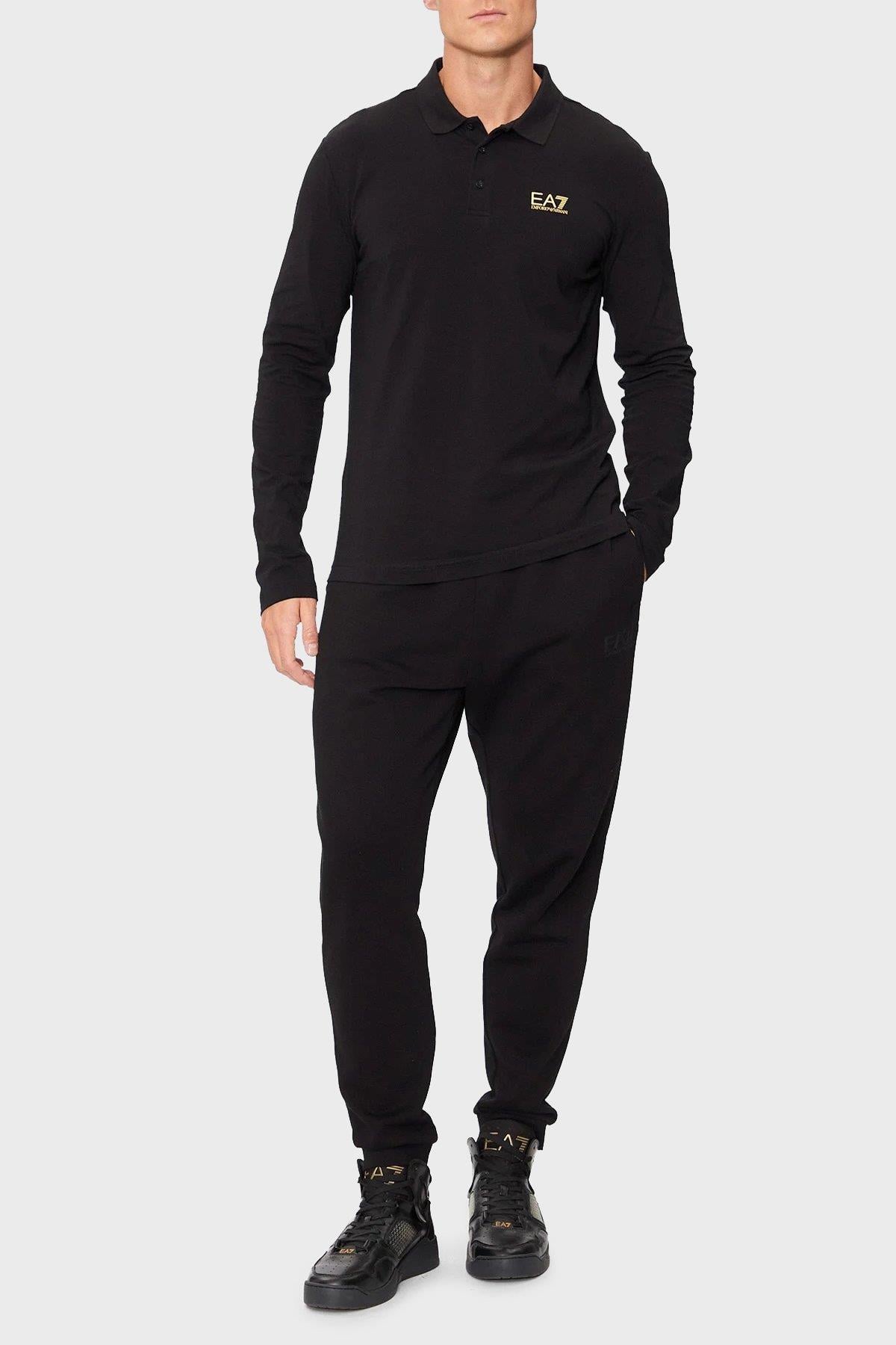 EA7 Ea7 Erkek Pamuklu Uzun Kol Dokuma Günlük Kullanım Siyah Polo Yaka T-Shirt 8NPF15 PJVQZ-0208
