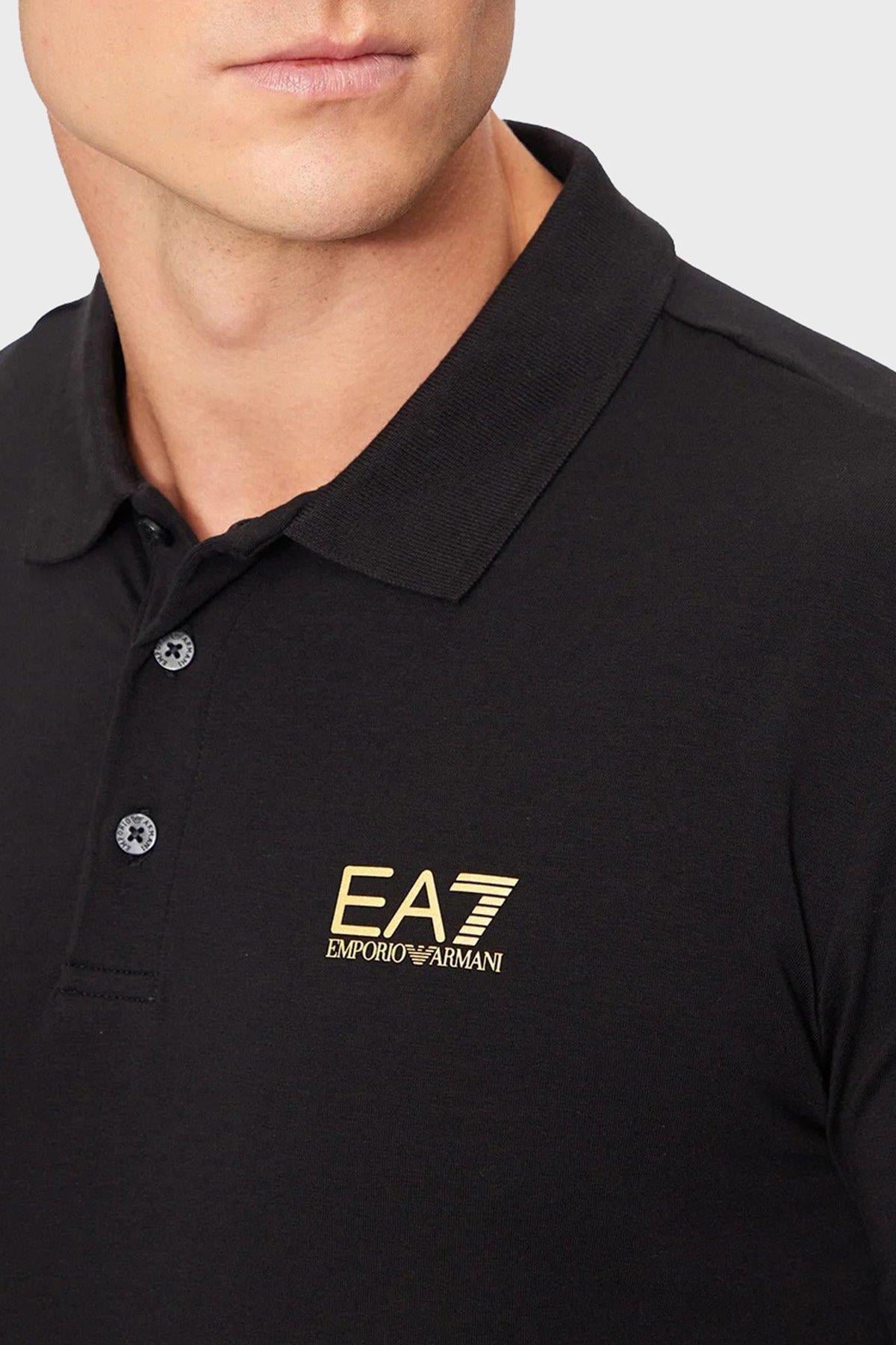 EA7 Ea7 Erkek Pamuklu Uzun Kol Dokuma Günlük Kullanım Siyah Polo Yaka T-Shirt 8NPF15 PJVQZ-0208