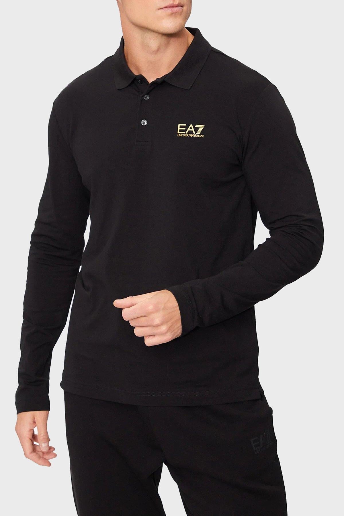 EA7 Ea7 Erkek Pamuklu Uzun Kol Dokuma Günlük Kullanım Siyah Polo Yaka T-Shirt 8NPF15 PJVQZ-0208