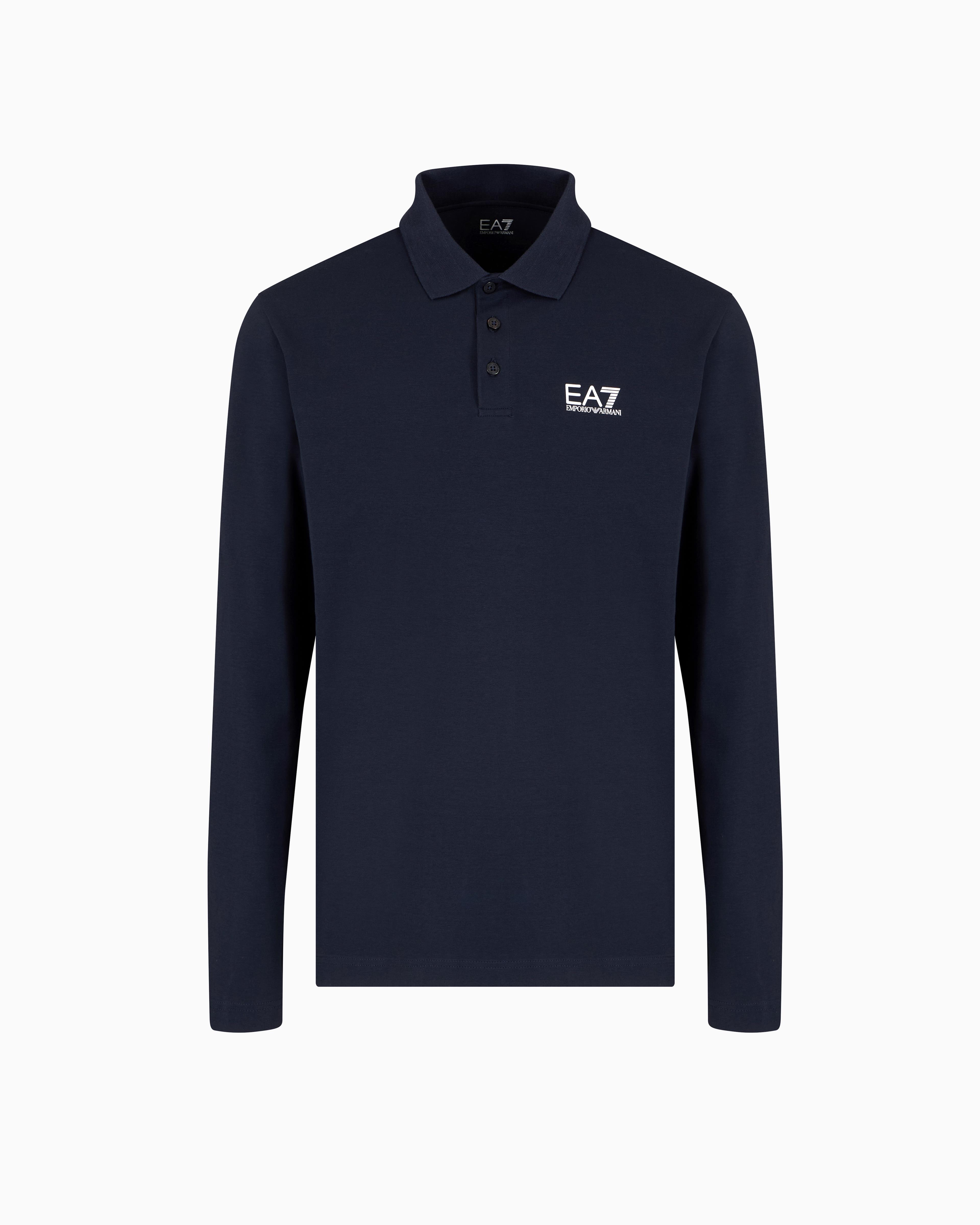 EA7 Ea7 Erkek Pamuklu Uzun Kol Dokuma Günlük Kullanım Mavi Polo Yaka T-Shirt 8NPF15 PJVQZ-1562