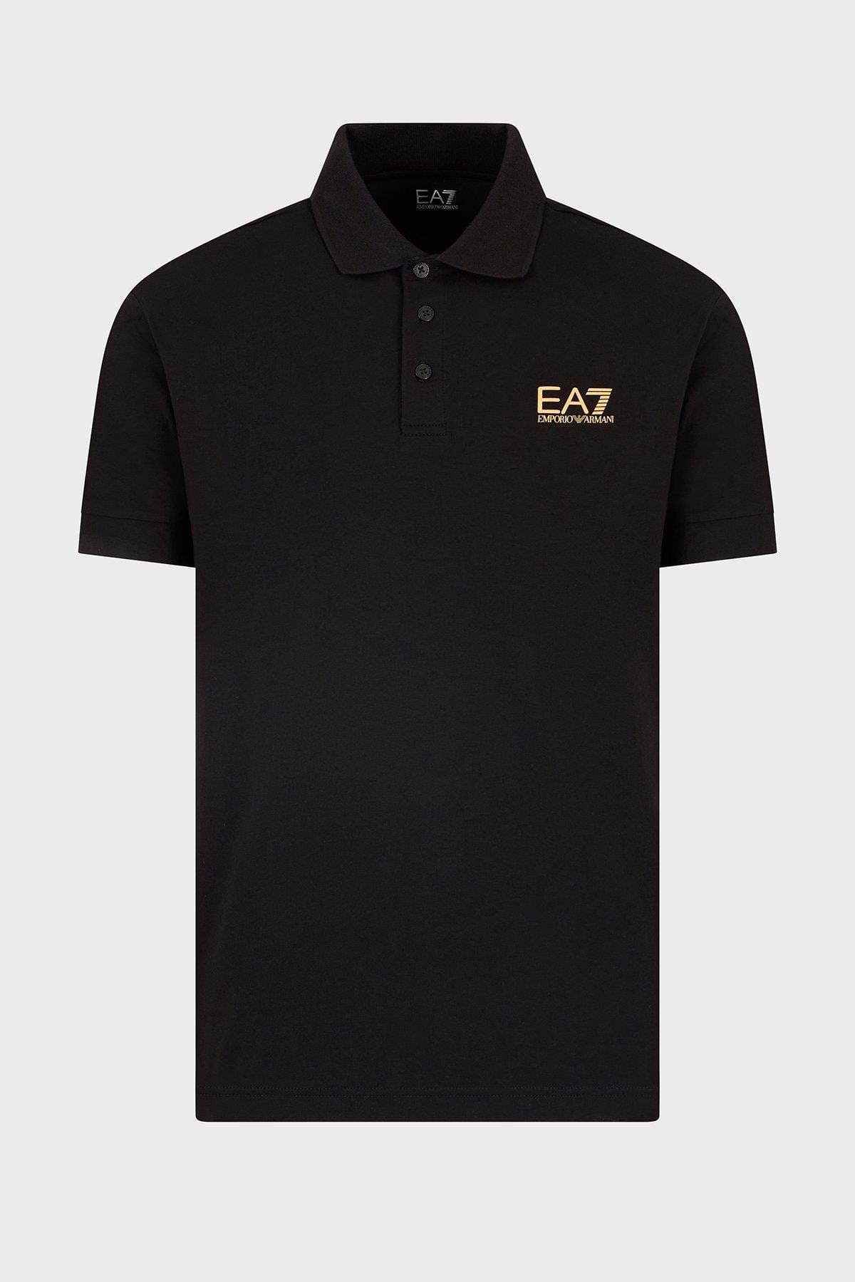 EA7 Ea7 Erkek Regular Fit Logo Baskılı Kısa Kollu Pamuklu Siyah Polo Yaka T-Shirt 8NPF14 PJVQZ-0208