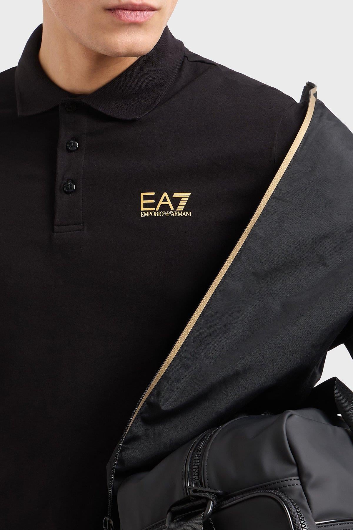 EA7 Ea7 Erkek Regular Fit Logo Baskılı Kısa Kollu Pamuklu Siyah Polo Yaka T-Shirt 8NPF14 PJVQZ-0208