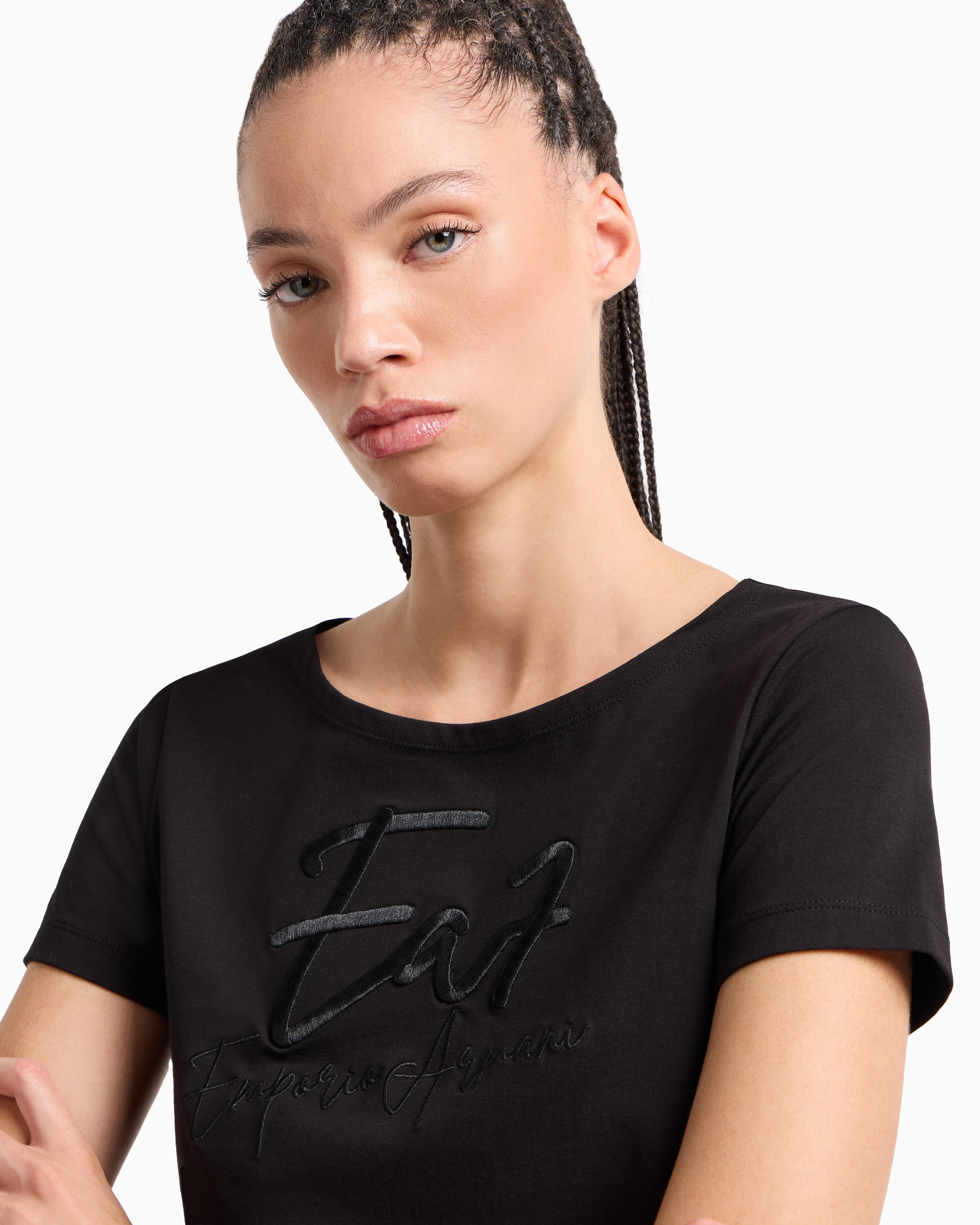 Ea7 Ea7 Kadın Bisiklet Yaka EA7 Yazı Detay Kısa Kol Dar Siyah T-Shirt 7W000184 AF10373-UC001
