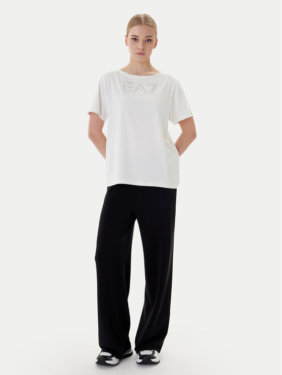 EA7 Ea7 Kadın Göğüste Taş Detaylı Logo Desenli Pamuklu Yuvarlak Yakalı Kısa Kollu Beyaz T-Shirt 7W001098 AF14880-U1142