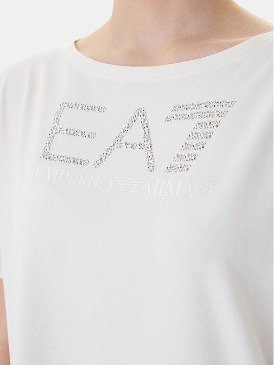 EA7 Ea7 Kadın Göğüste Taş Detaylı Logo Desenli Pamuklu Yuvarlak Yakalı Kısa Kollu Beyaz T-Shirt 7W001098 AF14880-U1142