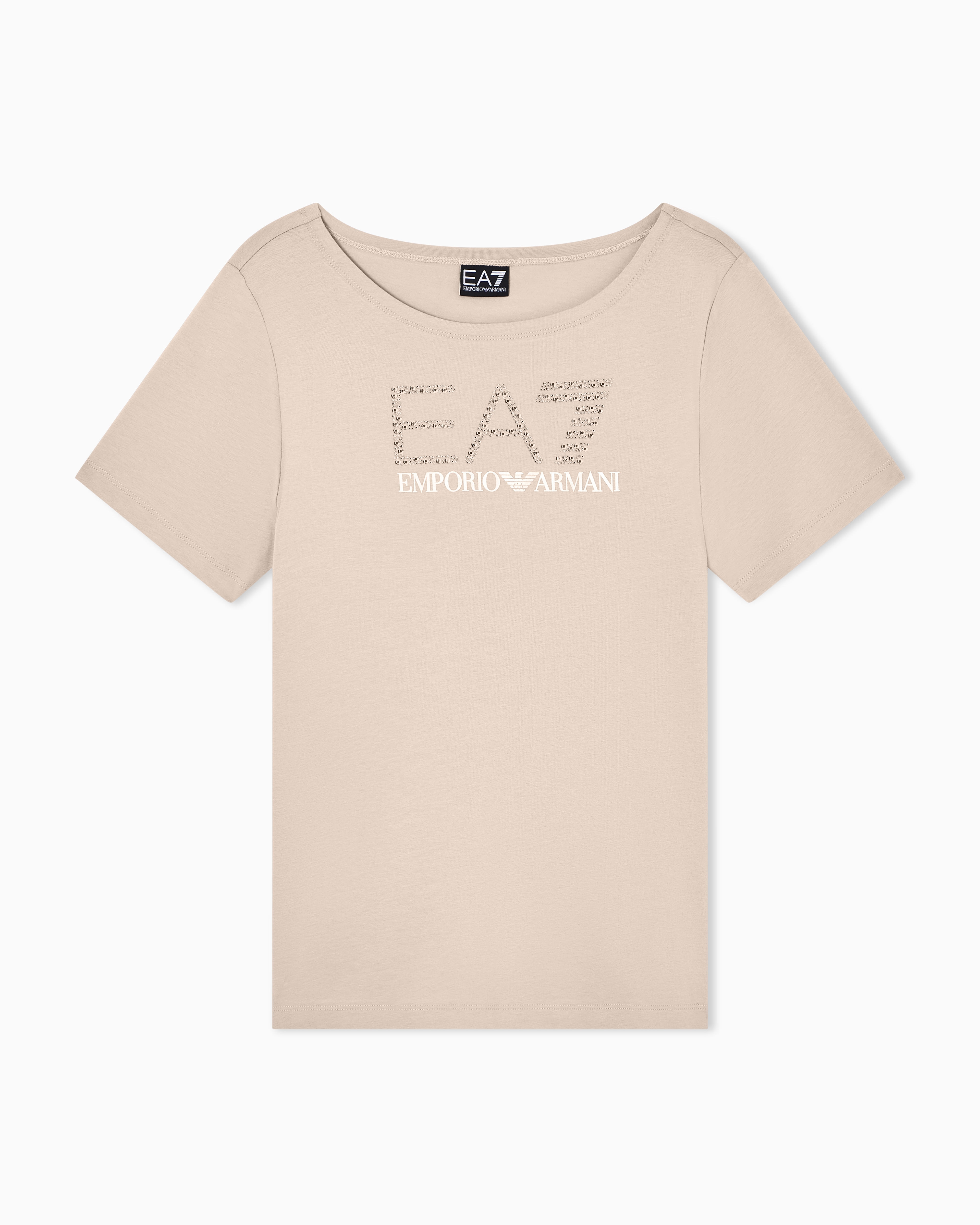 EA7 Ea7 Kadın Göğüste Taş Detaylı Logo Desenli Pamuklu Yuvarlak Yakalı Kısa Kollu Bej T-Shirt 7W001098 AF14880-U6225