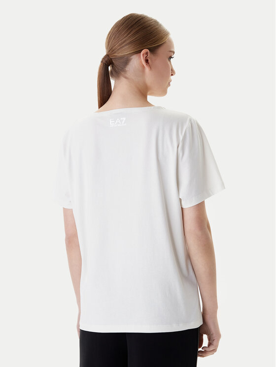 EA7 Ea7 Kadın Göğüste Taş Detaylı Logo Desenli Pamuklu Yuvarlak Yakalı Kısa Kollu Beyaz T-Shirt 7W001098 AF14880-U1142