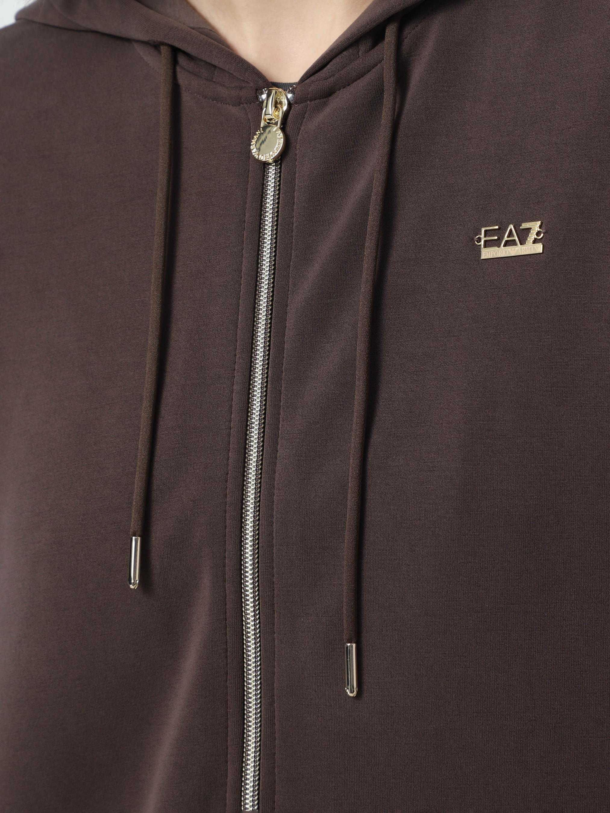 EA7 Ea7 Kadın Kapşonlu Yaka Cep Detay Fermuar Kapama Uzun kol Kahverengi Sweatshirt 7W000192 AF12643-U6063