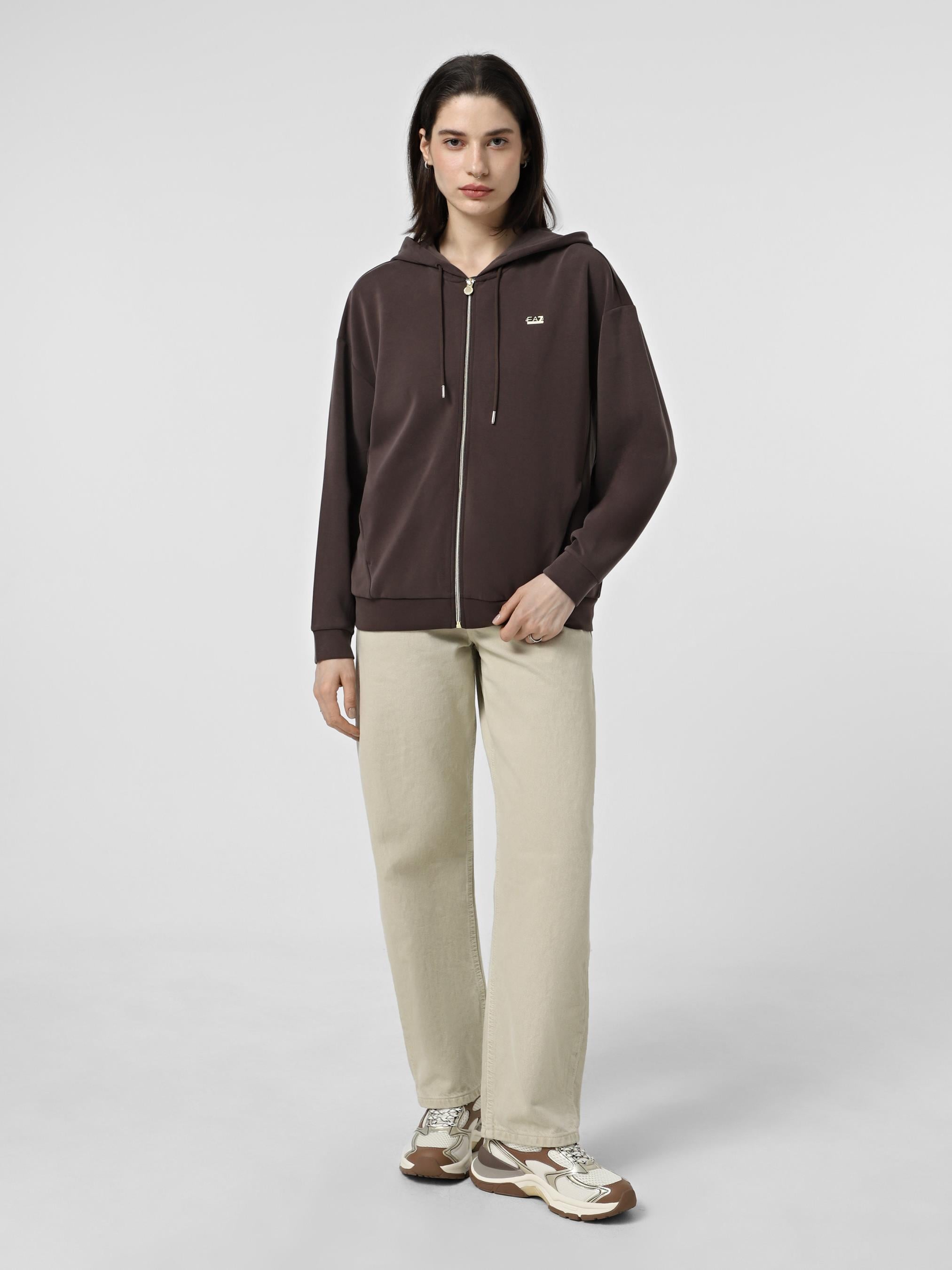 EA7 Ea7 Kadın Kapşonlu Yaka Cep Detay Fermuar Kapama Uzun kol Kahverengi Sweatshirt 7W000192 AF12643-U6063