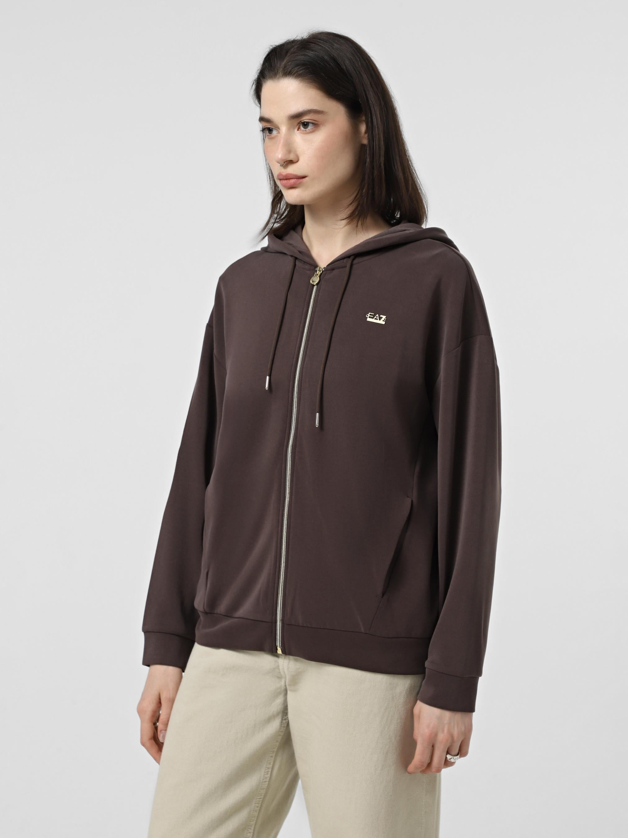EA7 Ea7 Kadın Kapşonlu Yaka Cep Detay Fermuar Kapama Uzun kol Kahverengi Sweatshirt 7W000192 AF12643-U6063