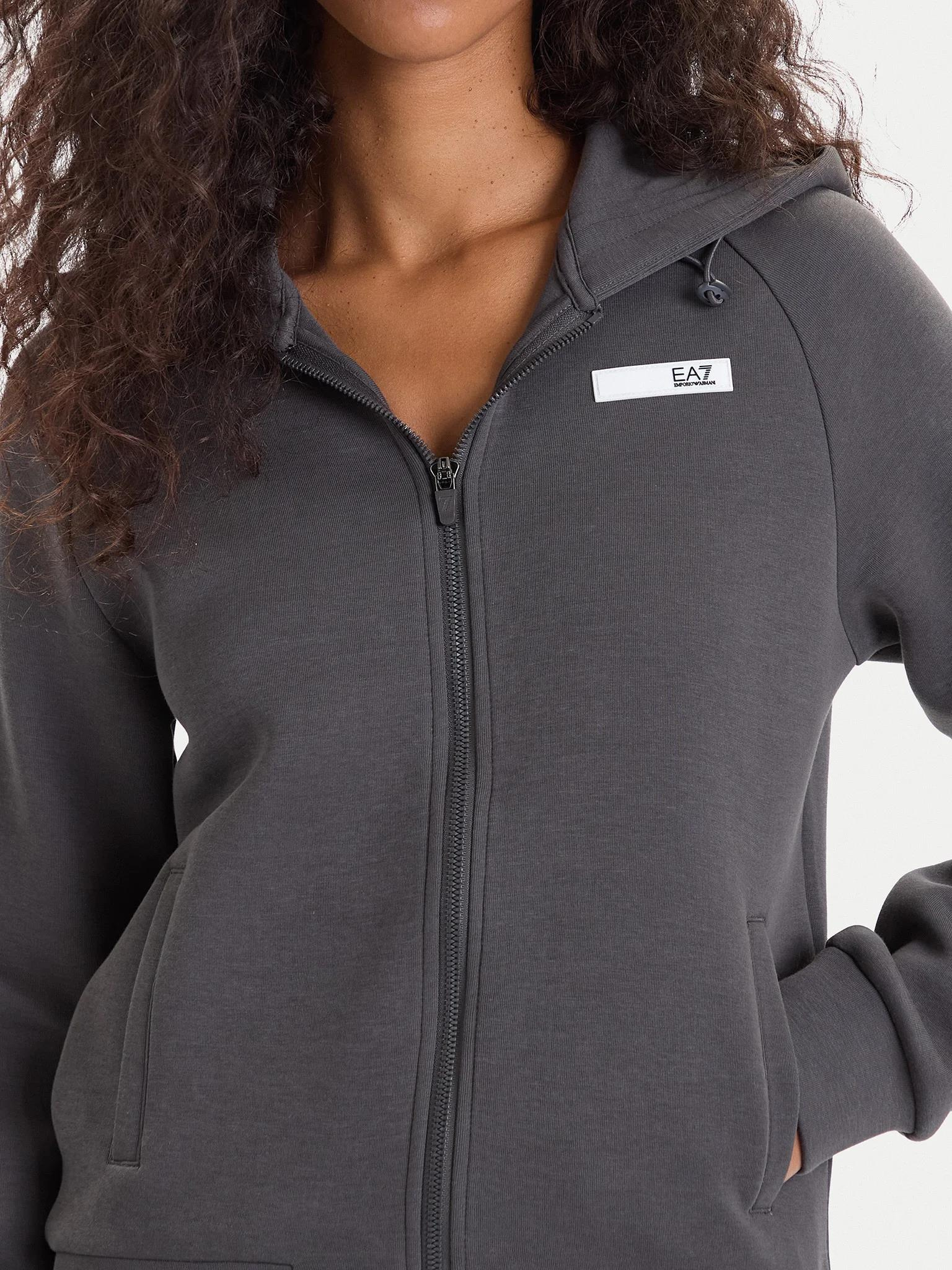 EA7 Ea7 Kadın Kapşonlu Yaka Fermuar Kapama EA7 Yazı Desen Cep Detay Siyah Sweatshirt 7W000675 AF13151-U8117