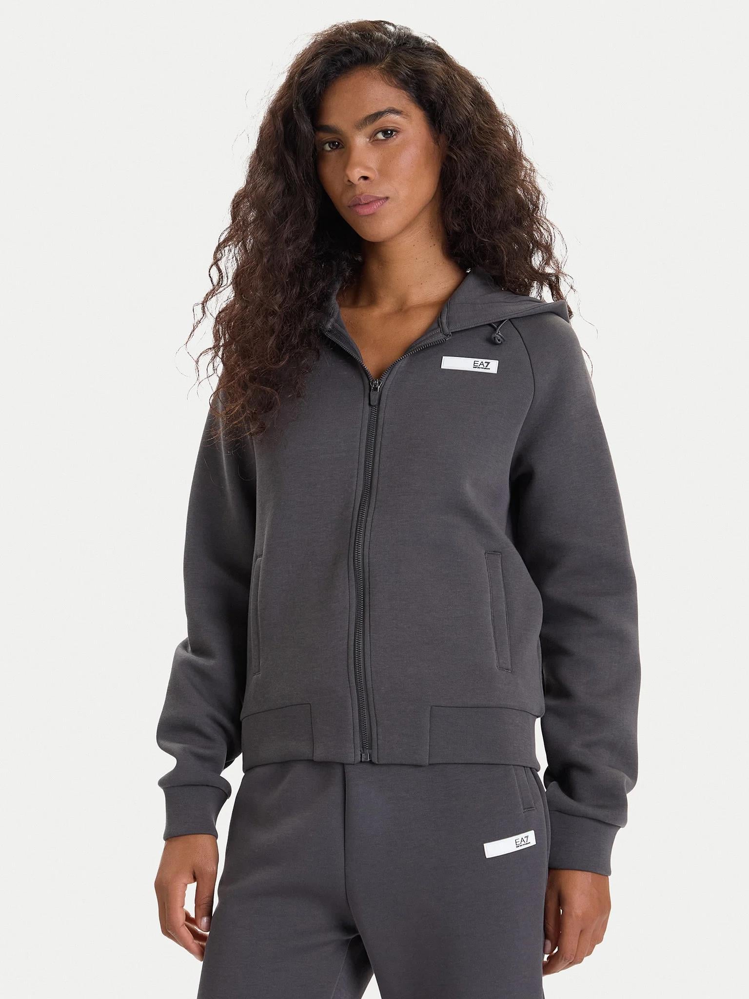 EA7 Ea7 Kadın Kapşonlu Yaka Fermuar Kapama EA7 Yazı Desen Cep Detay Siyah Sweatshirt 7W000675 AF13151-U8117