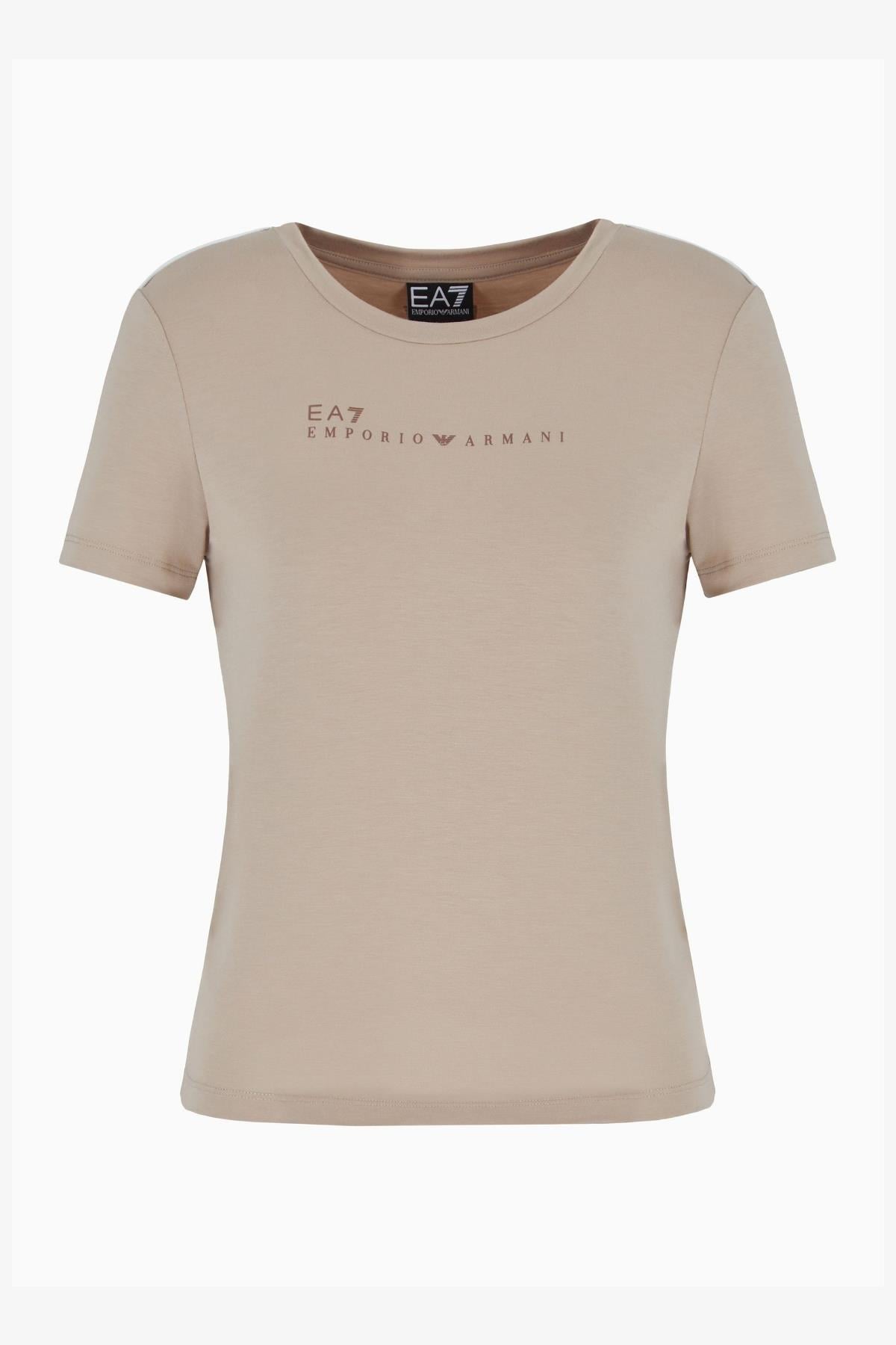 Ea7 Ea7 Kadın Kısa Kollu Bisiklet Yaka EA7 Yazı Desenli Bej T-Shirt 7W000274 AF12945-U6155