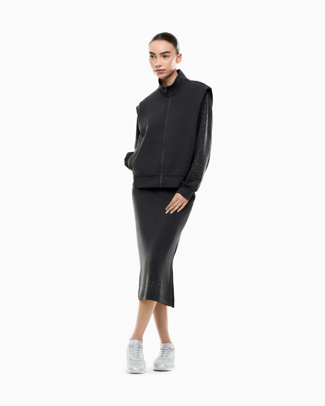 EA7 Ea7 Kadın Modal İçerikli İnterlok Kumaşlı Dik Yaka Kolları Taş Detaylı Gri Sweatshirt 7W001016 AF24375-U8111