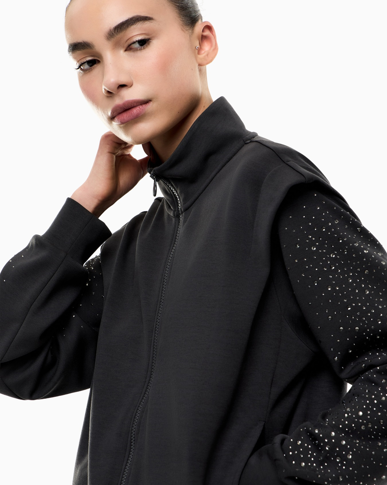 EA7 Ea7 Kadın Modal İçerikli İnterlok Kumaşlı Dik Yaka Kolları Taş Detaylı Gri Sweatshirt 7W001016 AF24375-U8111