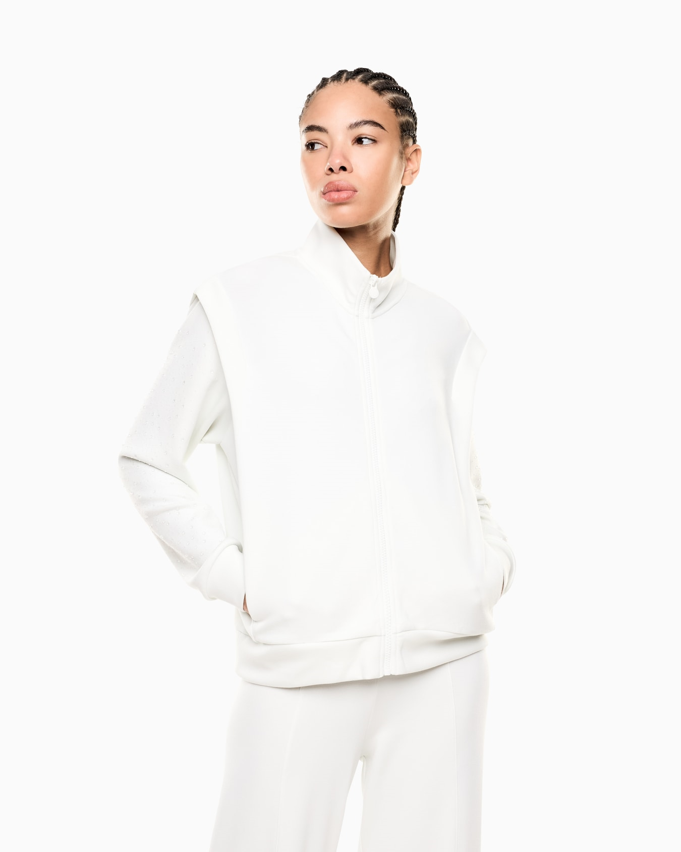 EA7 Ea7 Kadın Modal İçerikli İnterlok Kumaşlı Dik Yaka Kolları Taş Detaylı Beyaz Sweatshirt 7W001016 AF24375-U1142