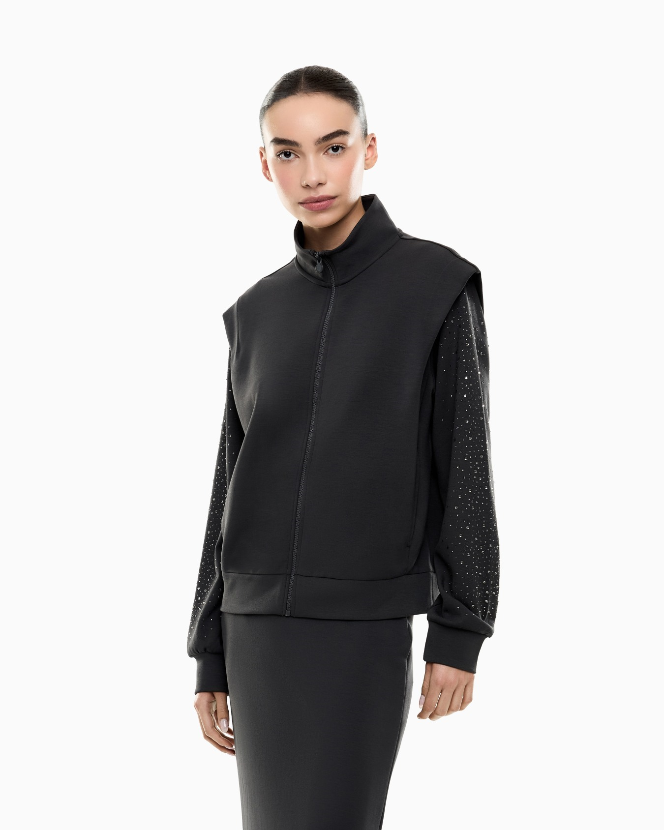 EA7 Ea7 Kadın Modal İçerikli İnterlok Kumaşlı Dik Yaka Kolları Taş Detaylı Gri Sweatshirt 7W001016 AF24375-U8111