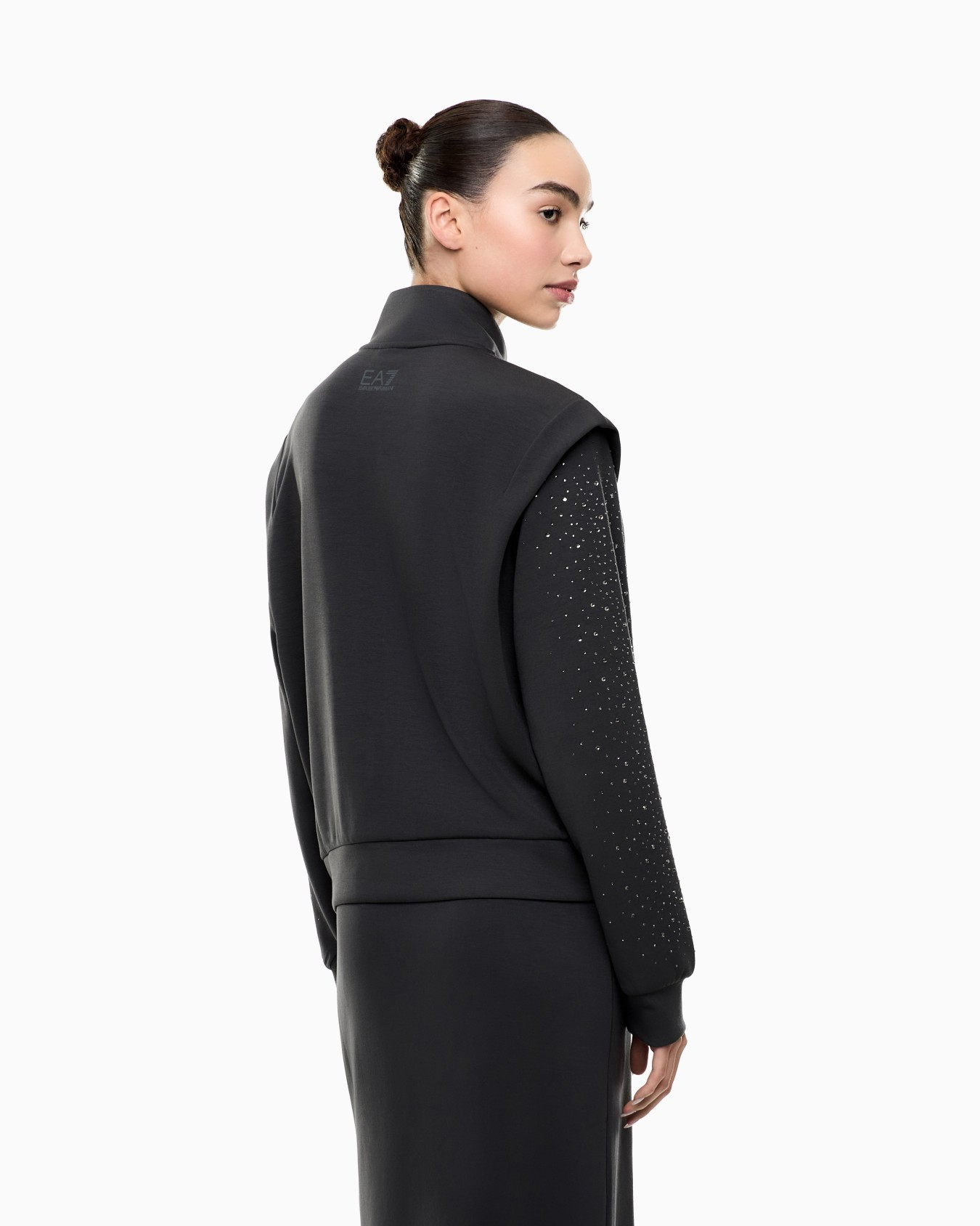EA7 Ea7 Kadın Modal İçerikli İnterlok Kumaşlı Dik Yaka Kolları Taş Detaylı Gri Sweatshirt 7W001016 AF24375-U8111