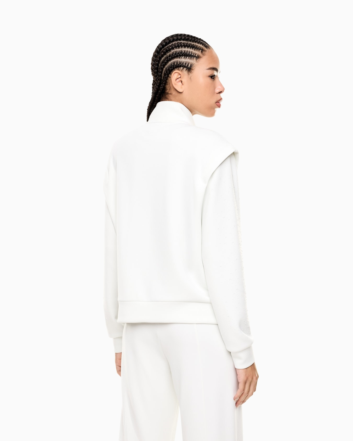 EA7 Ea7 Kadın Modal İçerikli İnterlok Kumaşlı Dik Yaka Kolları Taş Detaylı Beyaz Sweatshirt 7W001016 AF24375-U1142