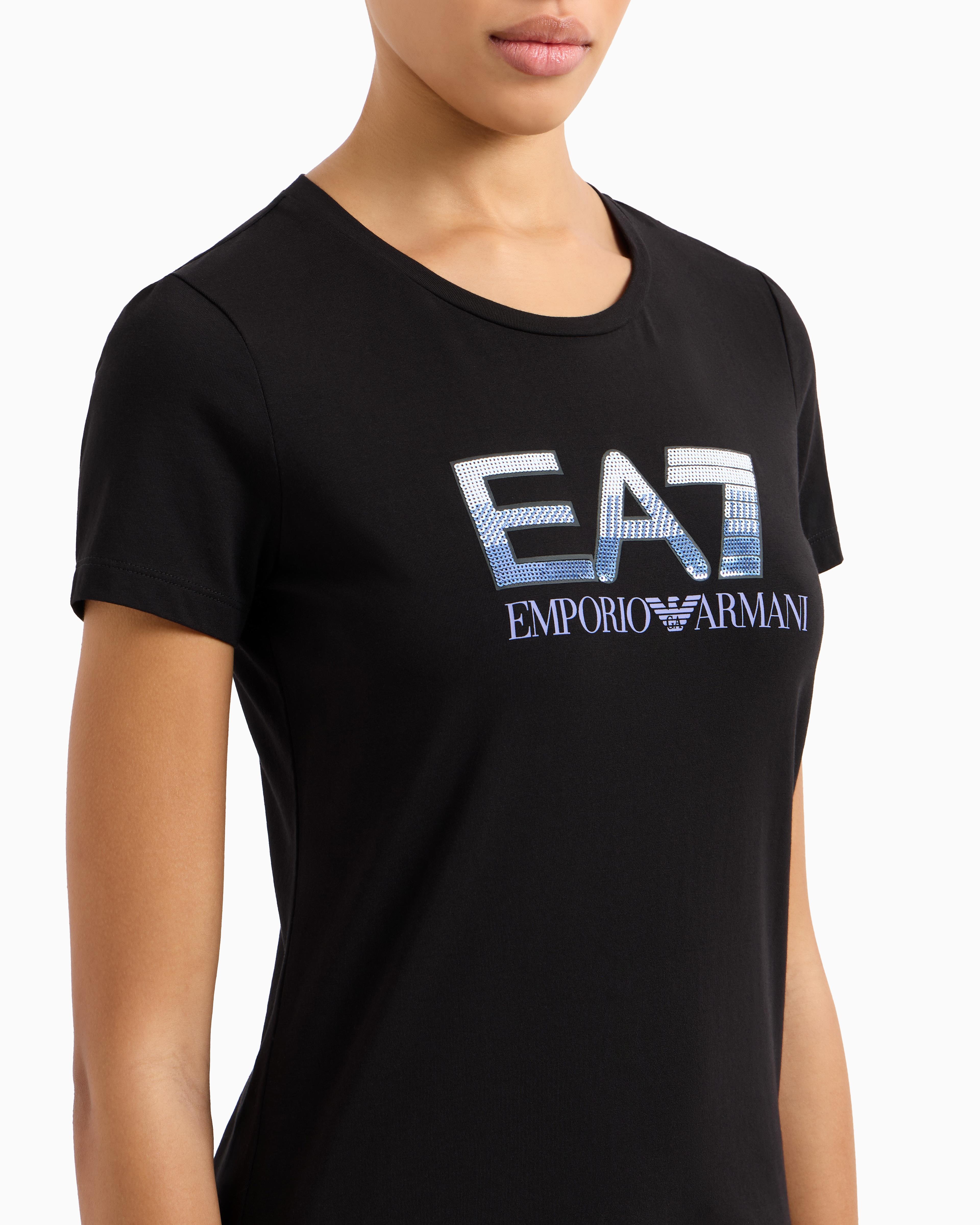 Ea7 Ea7 Kadın Normal Kalıp EA7 Pul Logolu Yuvarlak Yaka Esnek Pamuklu Kısa Kollu Siyah T-Shirt 7W000183 AF10373-UC001