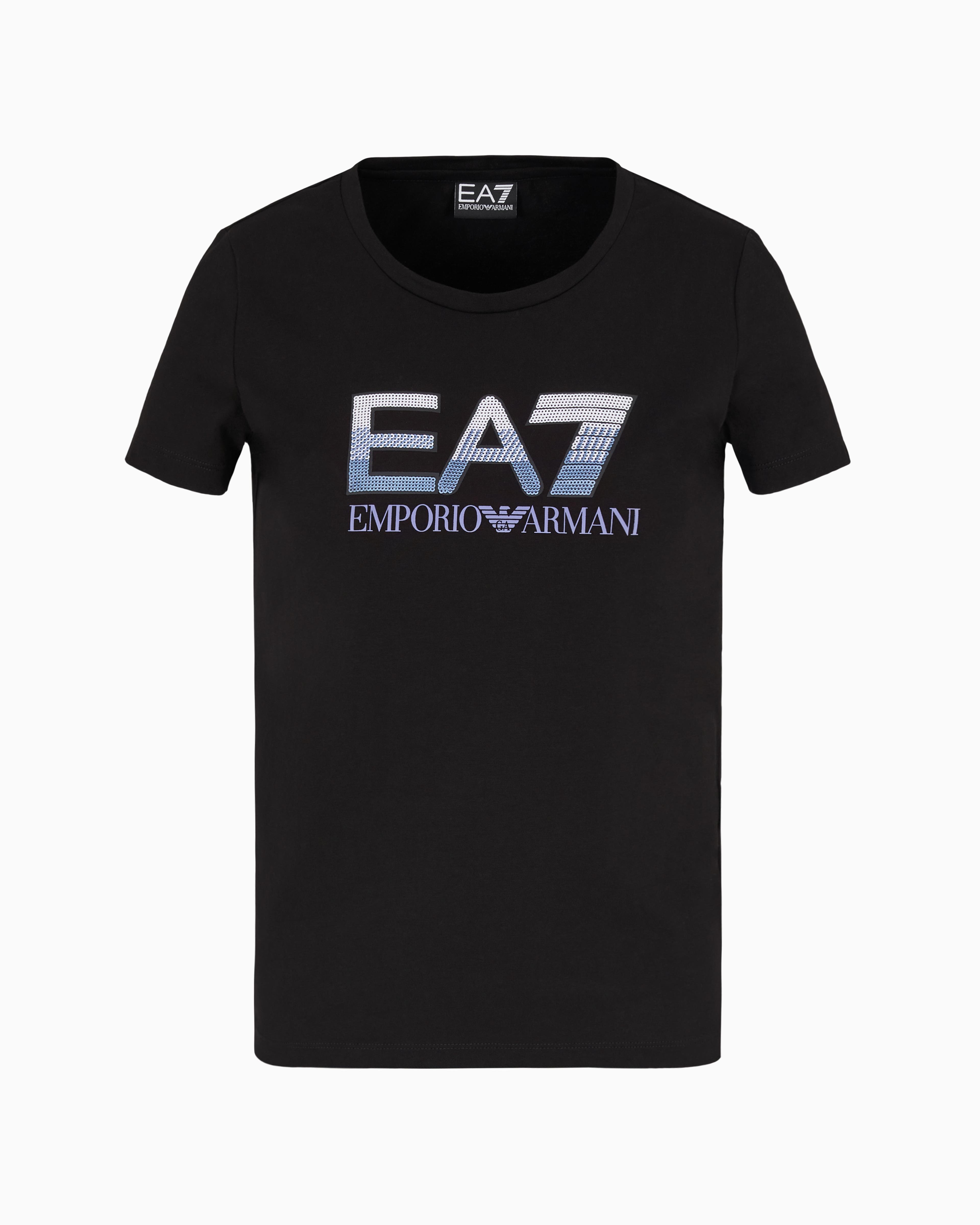 Ea7 Ea7 Kadın Normal Kalıp EA7 Pul Logolu Yuvarlak Yaka Esnek Pamuklu Kısa Kollu Siyah T-Shirt 7W000183 AF10373-UC001