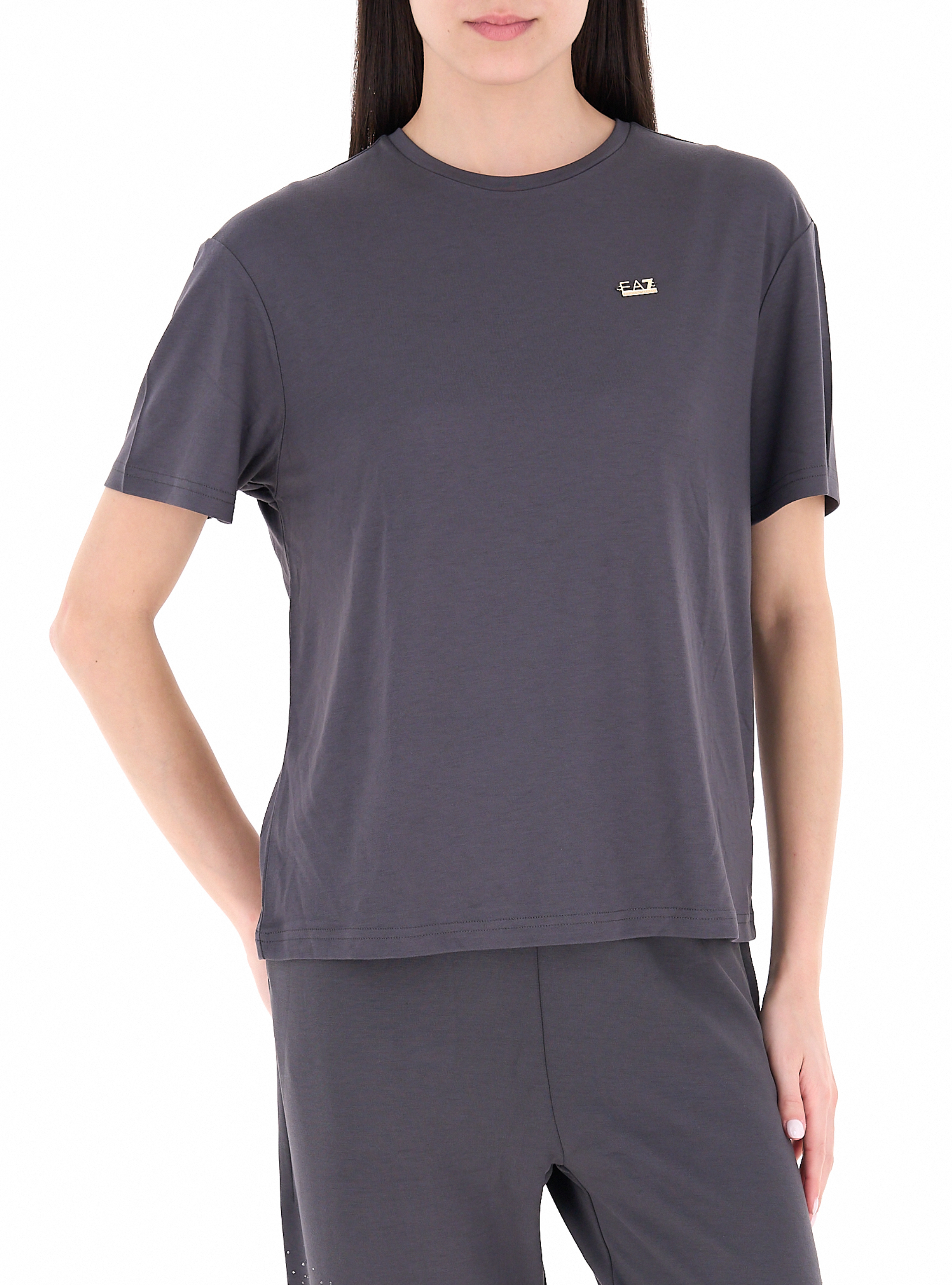 EA7 Ea7 Kadın Normal Kalıp Yuvarlak Yakalı Metalik Logo Detaylı Viskoz Karışımlı Kısa Kollu Gri T-Shirt 7W000189 AF13919-U8111