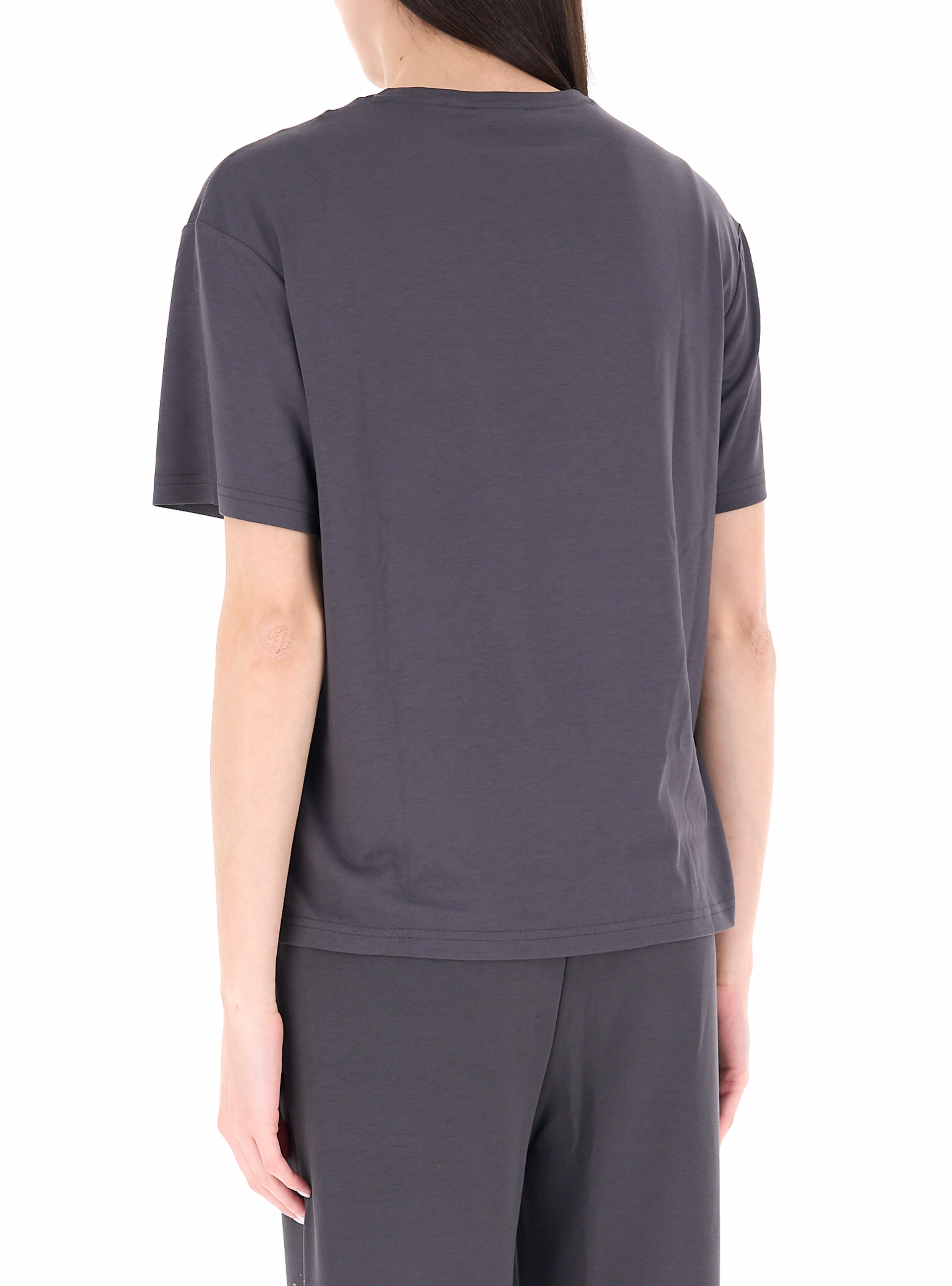 EA7 Ea7 Kadın Normal Kalıp Yuvarlak Yakalı Metalik Logo Detaylı Viskoz Karışımlı Kısa Kollu Gri T-Shirt 7W000189 AF13919-U8111
