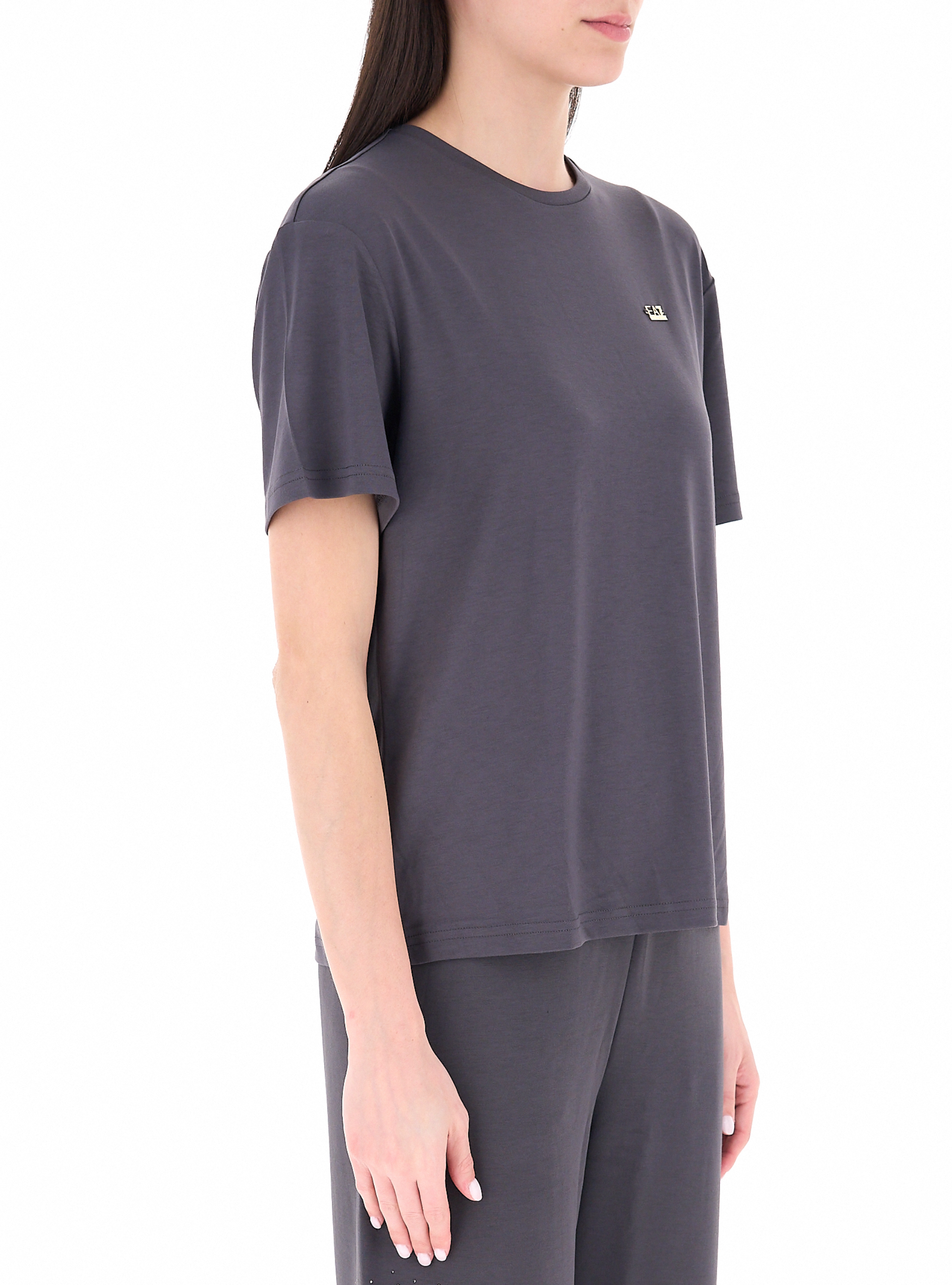 EA7 Ea7 Kadın Normal Kalıp Yuvarlak Yakalı Metalik Logo Detaylı Viskoz Karışımlı Kısa Kollu Gri T-Shirt 7W000189 AF13919-U8111