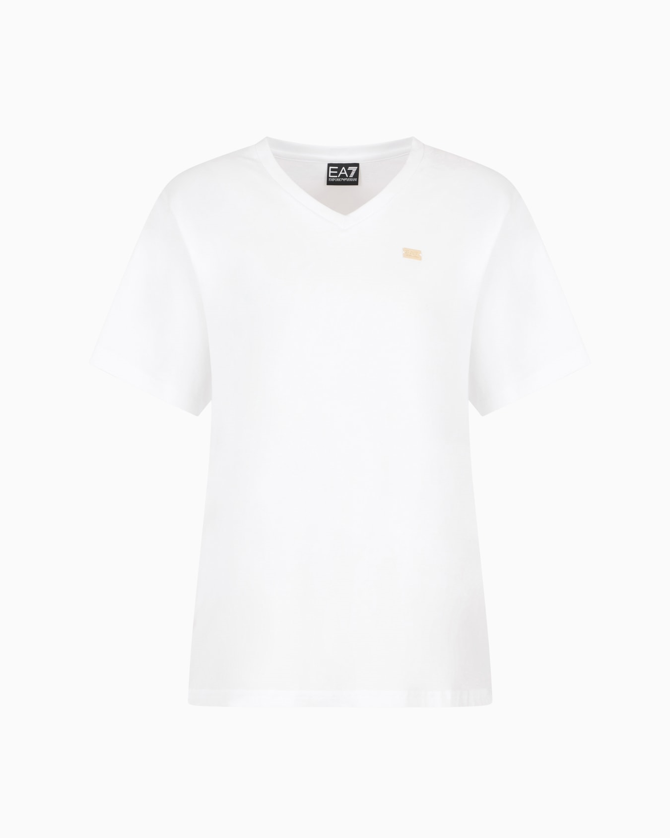 EA7 Ea7 Kadın Regular Fit Esnek Pamuklu Metalik Logo Detaylı V Yakalı Kısa Kollu Beyaz T-Shirt 7W000029 AF10373-U0002