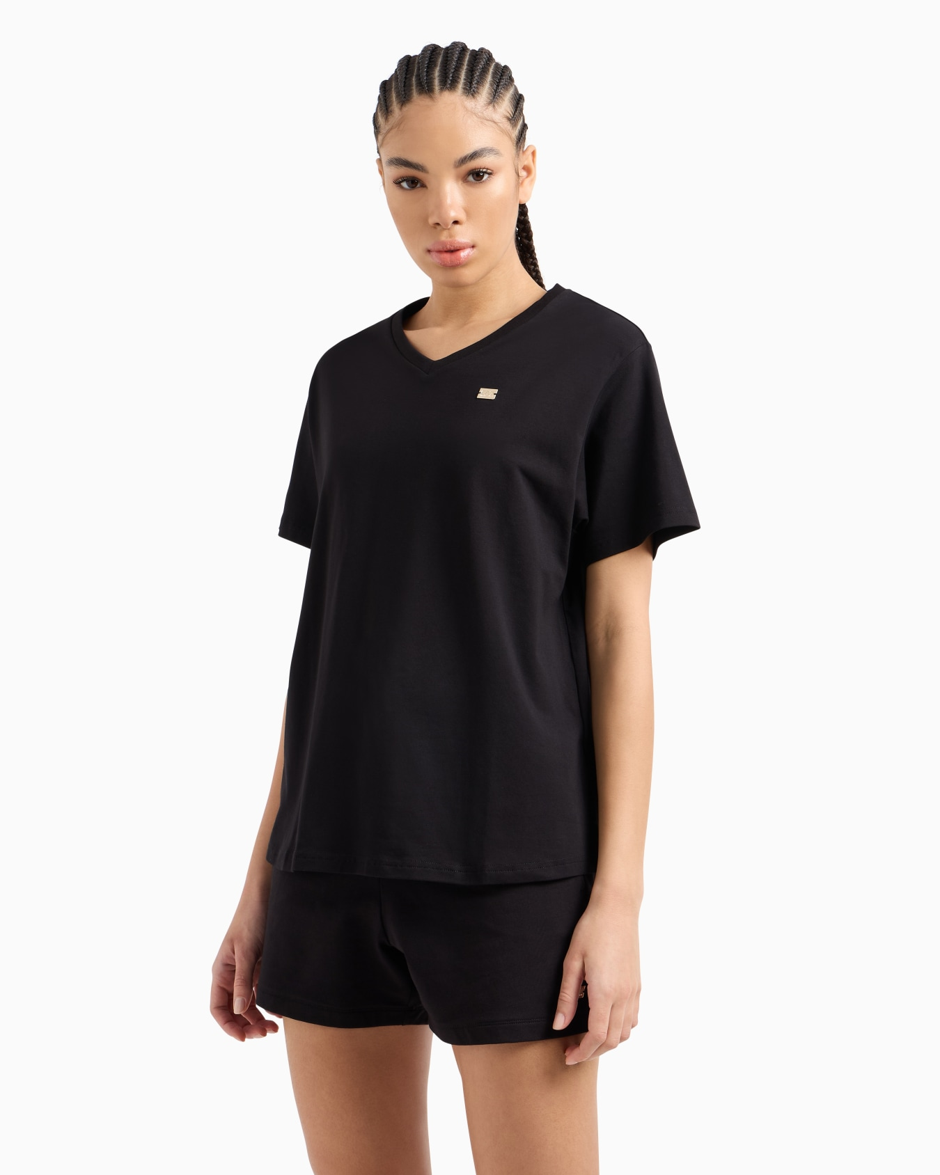 EA7 Ea7 Kadın Regular Fit Esnek Pamuklu Metalik Logo Detaylı V Yakalı Kısa Kollu Siyah T-Shirt 7W000029 AF10373-UC001