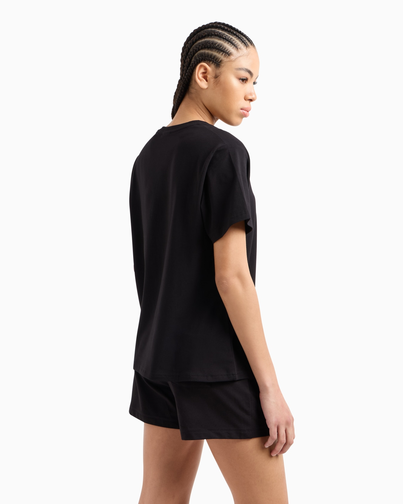 EA7 Ea7 Kadın Regular Fit Esnek Pamuklu Metalik Logo Detaylı V Yakalı Kısa Kollu Siyah T-Shirt 7W000029 AF10373-UC001