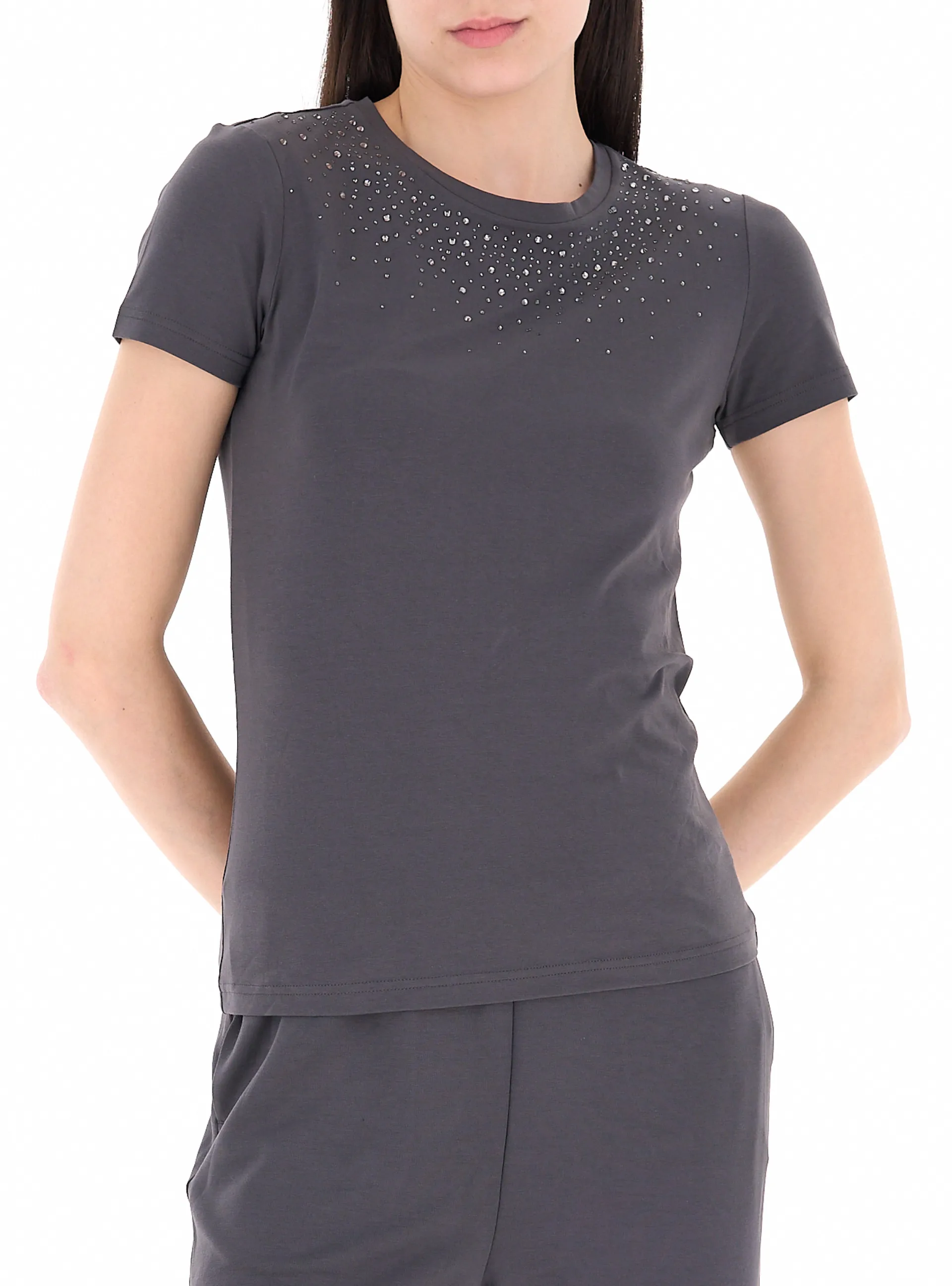EA7 Ea7 Kadın Yapay Elmas Desenli Yuvarlak Yakalı Kısa Kollu Gri T-Shirt 7W001463 AF14880-U8111