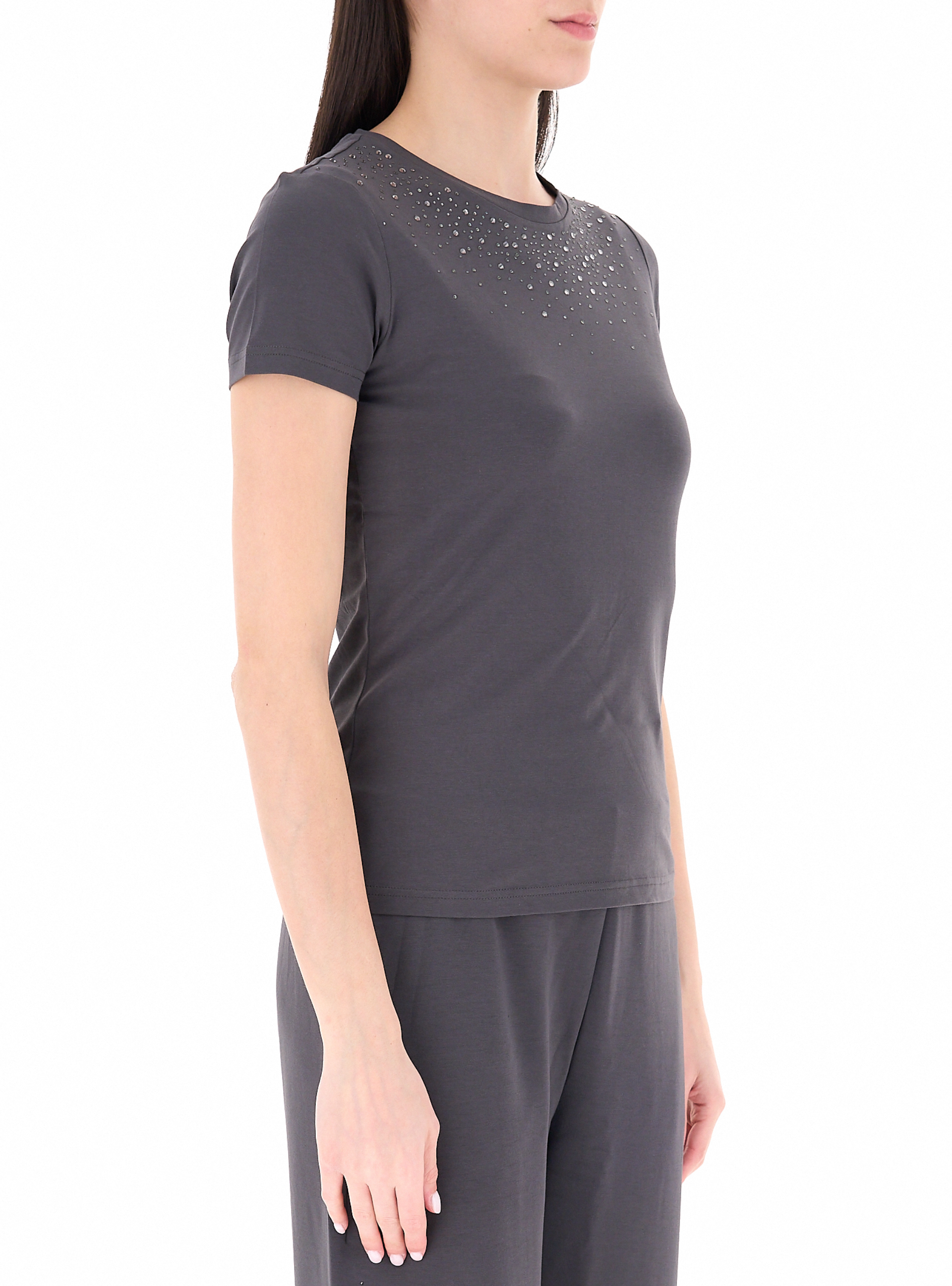 EA7 Ea7 Kadın Yapay Elmas Desenli Yuvarlak Yakalı Kısa Kollu Gri T-Shirt 7W001463 AF14880-U8111
