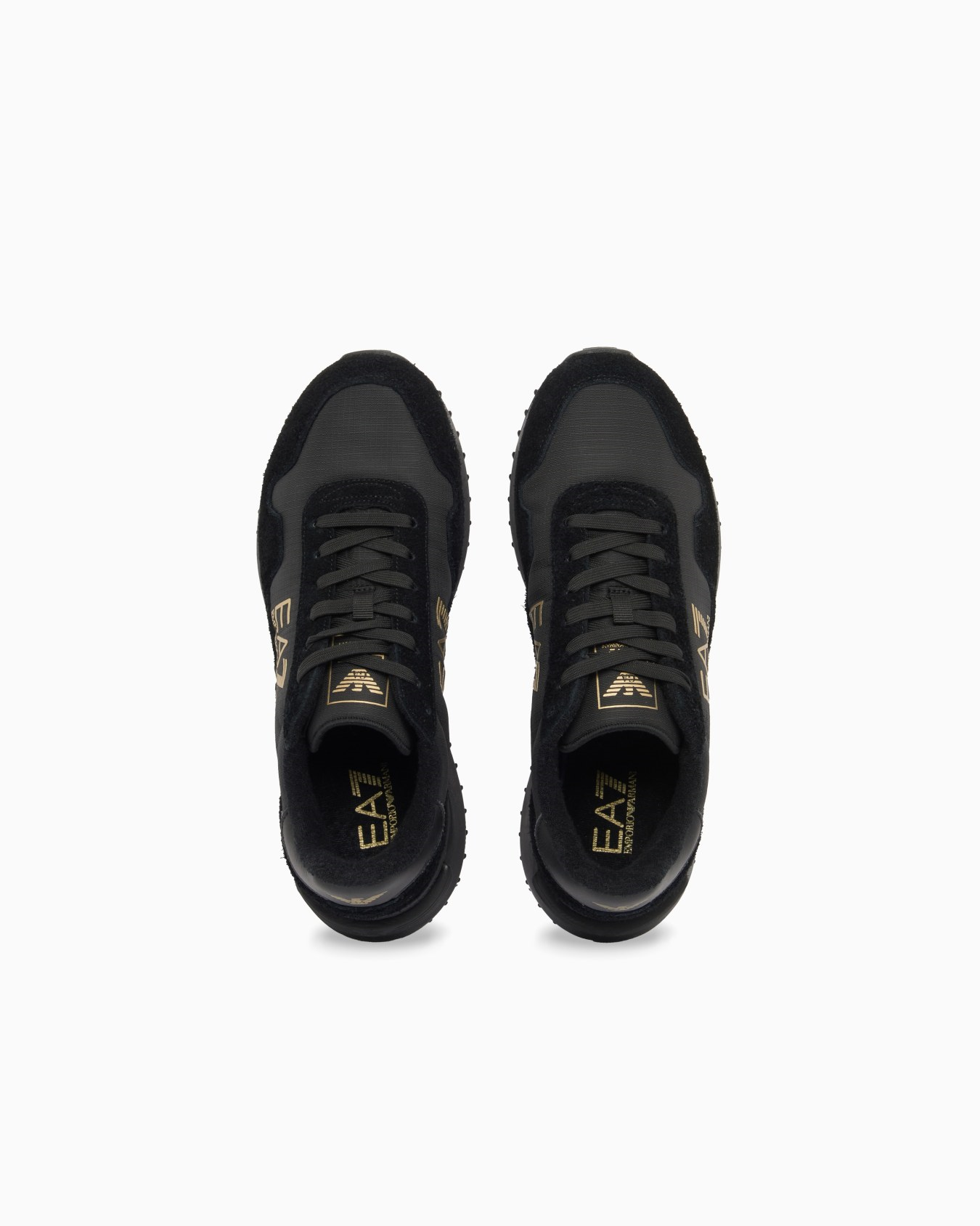 EA7 Ea7 Unısex Düşük Bilekli Rahat Tabanlı Süet Detaylı EA7 Logo Desenli Deri Siyah-Gold Sneaker 7X000380 AF19175-MZ177