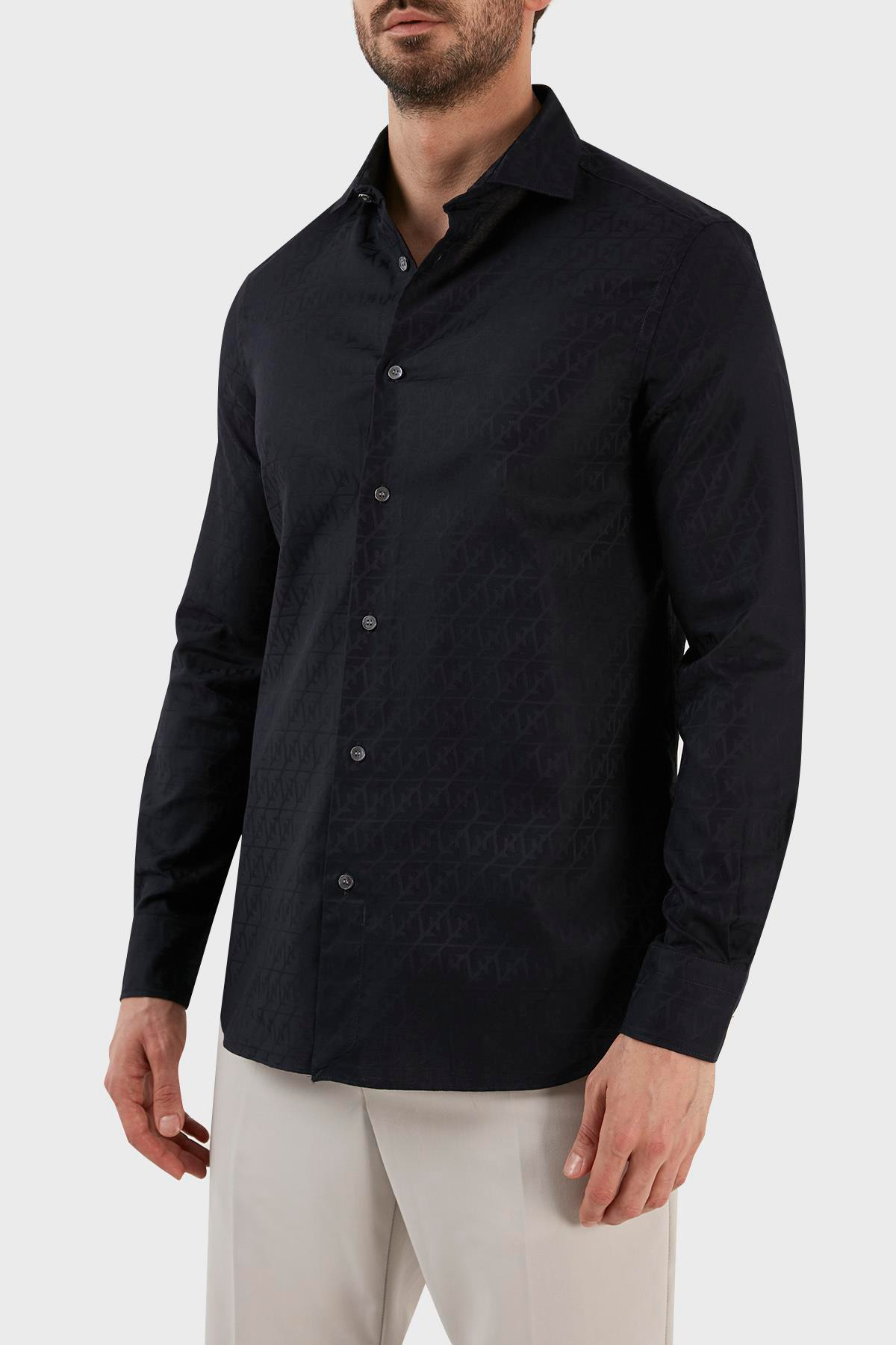 Emporio Armani Emporıo Armani Erkek %100 Pamuk Dokuma Kumaş Marka Logolu Lacivert1 Gömlek 3R1C86 1K0DZ-F9A8