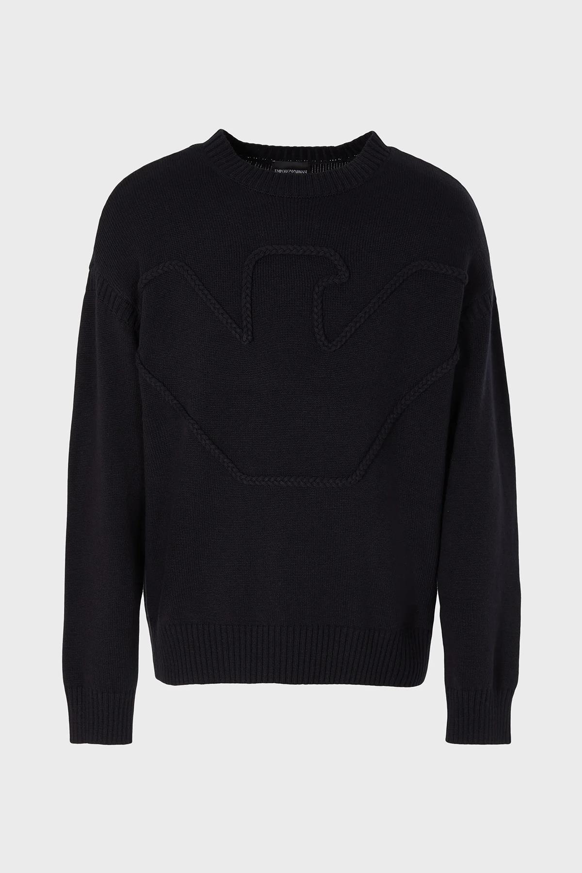 Emporio Armani Emporıo Armani Erkek %100 Yün Marka Logolu Uzun Kollu Bisiklet Yaka Siyah Kazak 6R1MXP 1MMAZ-F961