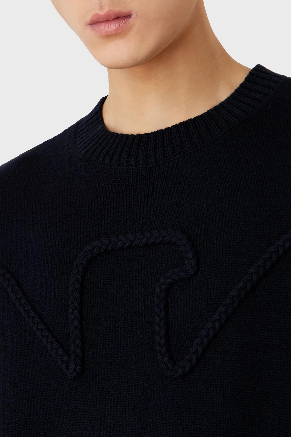 Emporio Armani Emporıo Armani Erkek %100 Yün Marka Logolu Uzun Kollu Bisiklet Yaka Siyah Kazak 6R1MXP 1MMAZ-F961