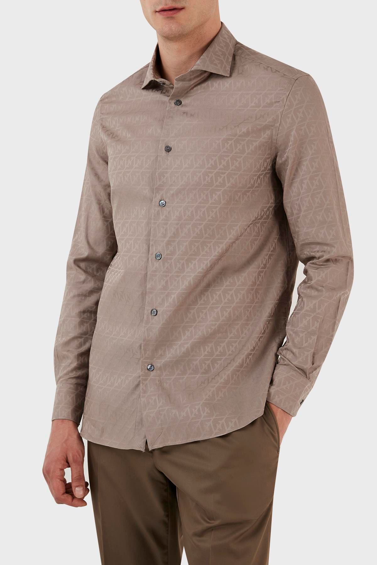 Emporio Armani Emporıo Armani Erkek %100 Pamuk Dokuma Kumaş Marka Logolu Bej Gömlek 3R1C86 1K0DZ-F1C3