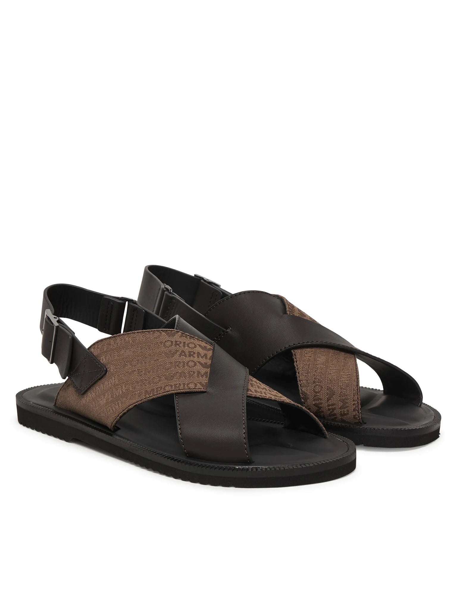 Emporio Armani Emporıo Armani Erkek %100 Deri ve Jakarlı Çapraz Bantlı Kahverengi Sandalet EM004323 AF25617-M6354