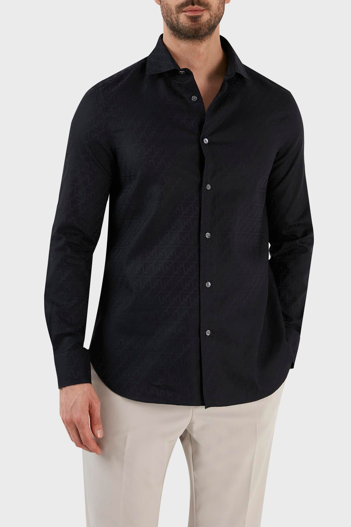 Emporio Armani Emporıo Armani Erkek %100 Pamuk Dokuma Kumaş Marka Logolu Lacivert1 Gömlek 3R1C86 1K0DZ-F9A8