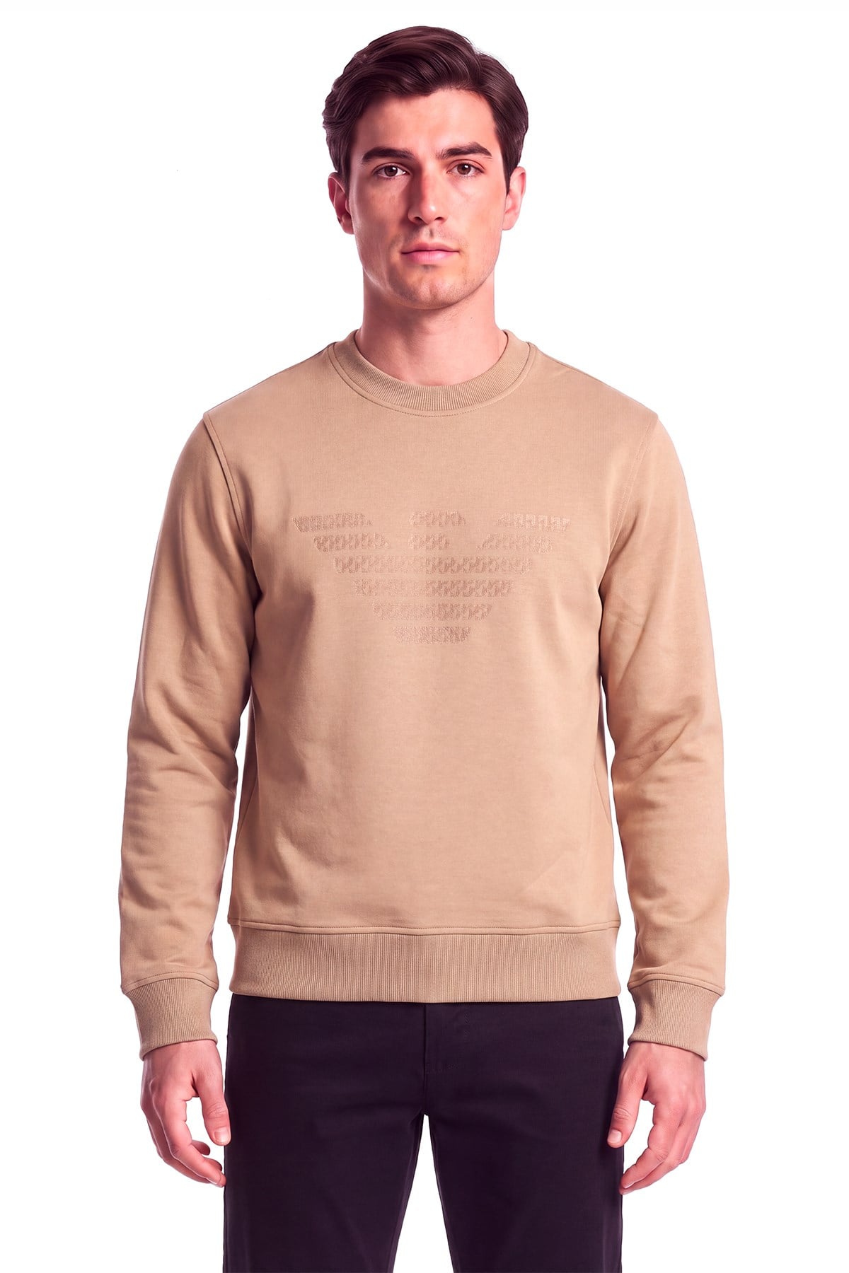 Emporio Armani Emporıo Armani Erkek Büyük Kadife Logo Detaylı Pamuklu Çift Jarse Kumaşlı Uzun Kollu Bej Sweatshirt EM006841 AF10013-M6535