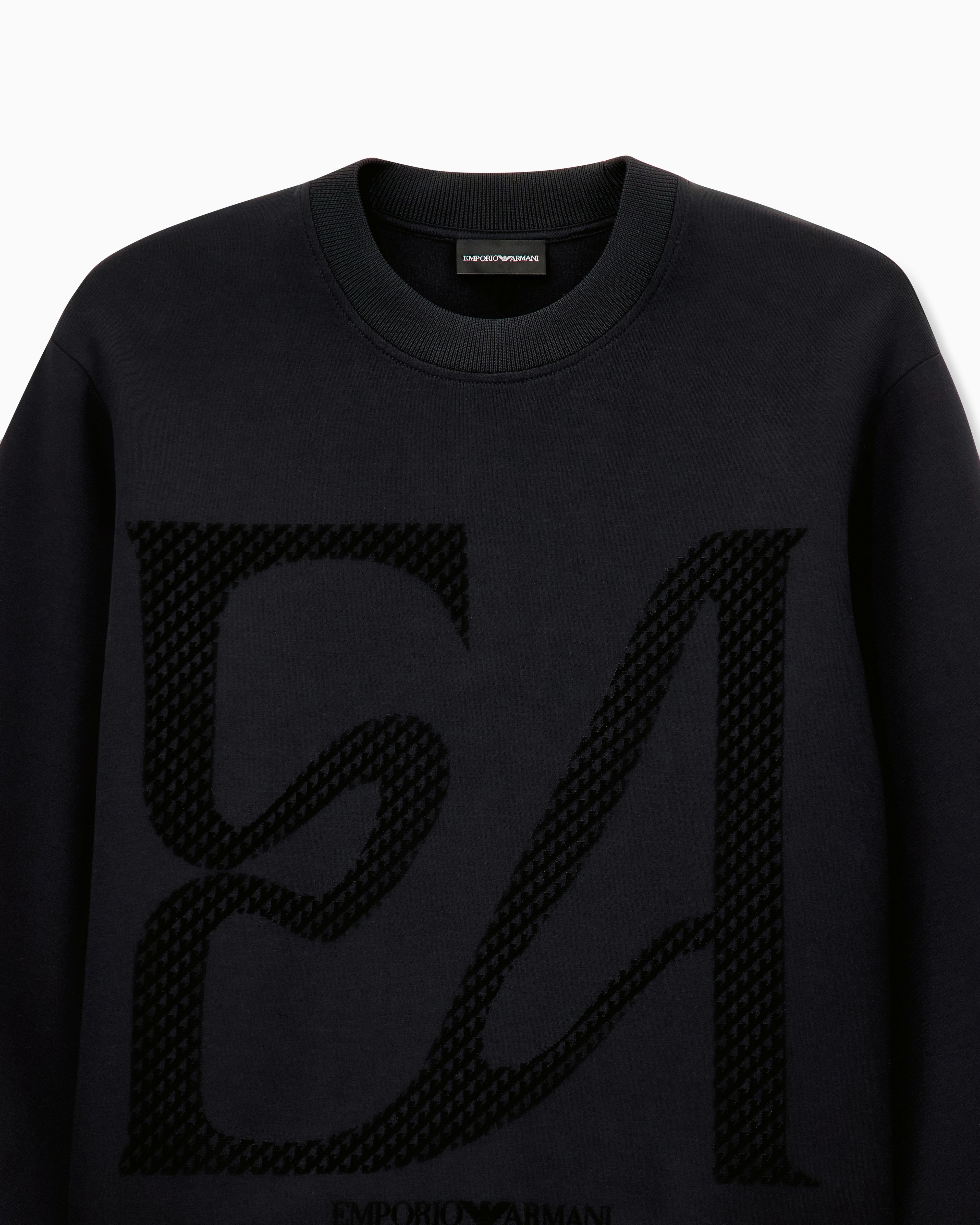 Emporio Armani Emporıo Armani Erkek Büyük Kadife Logo Detaylı Pamuklu Çift Jarse Kumaşlı Uzun Kollu Siyah Sweatshirt EM006841 AF10013-MC722