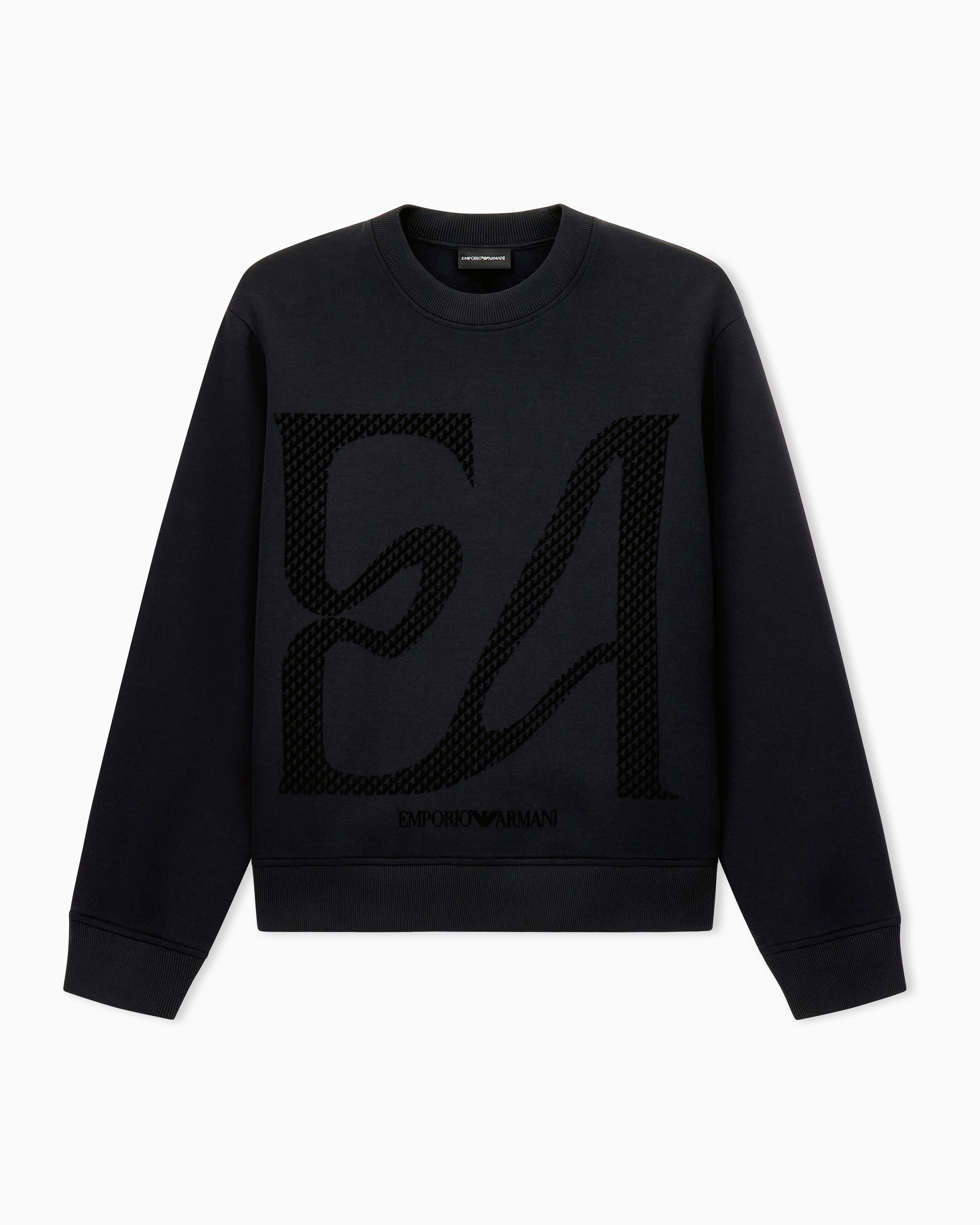 Emporio Armani Emporıo Armani Erkek Büyük Kadife Logo Detaylı Pamuklu Çift Jarse Kumaşlı Uzun Kollu Siyah Sweatshirt EM006841 AF10013-MC722