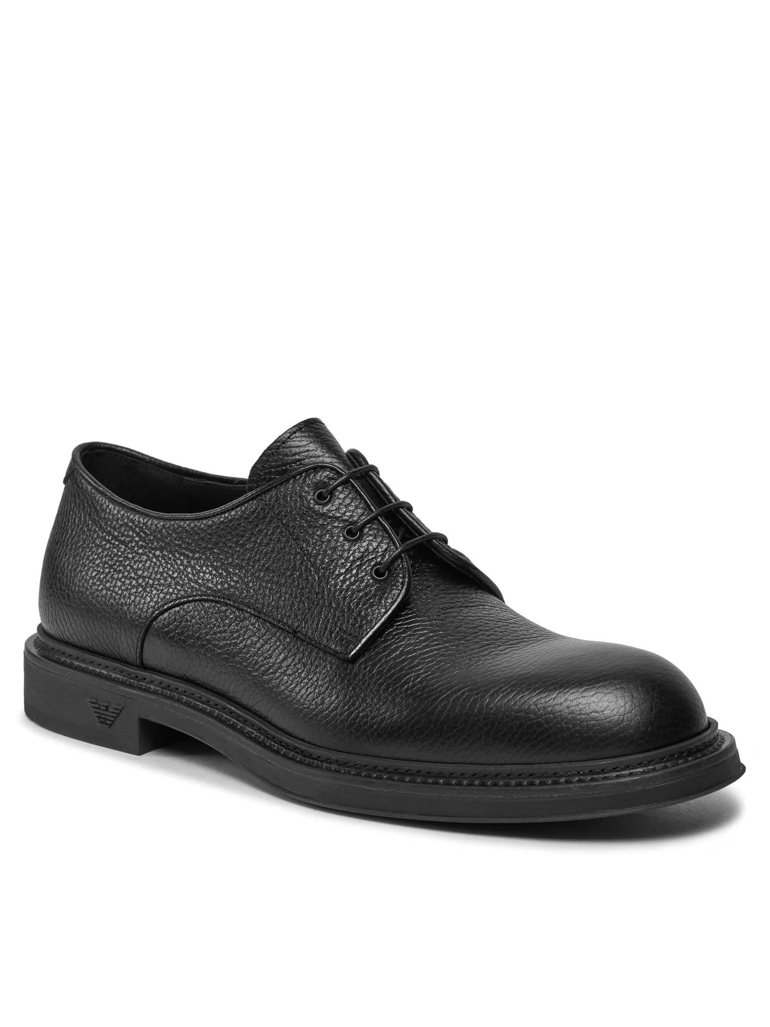 EMPORIO ARMANI Emporıo Armani Erkek Çakıllı Deri Yuvarlak Burunlu Bağcıklı Tış Tabanı Logo Desenli Siyah Ayakkabı X4C653 XF583-00002