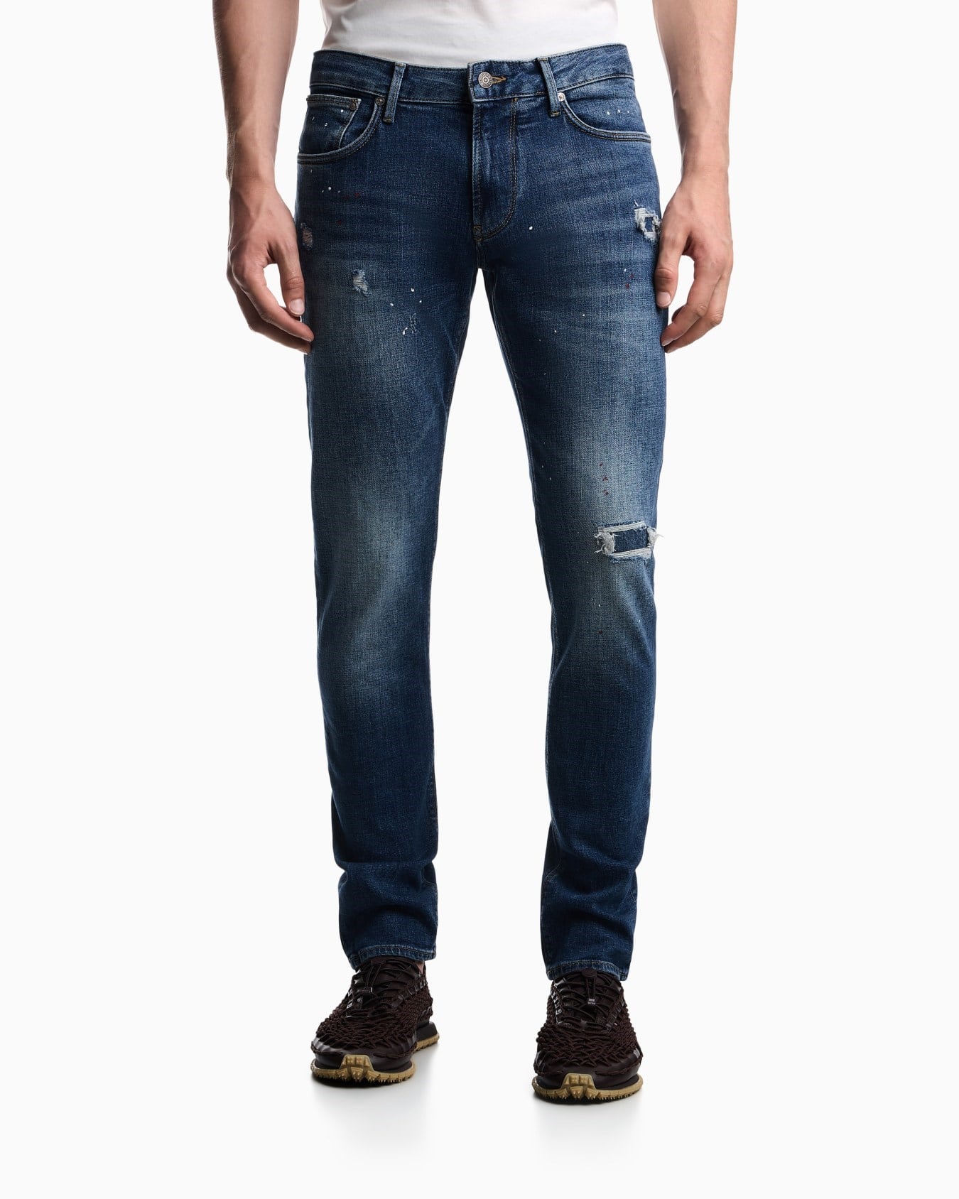 Emporio Armani Emporıo Armani Erkek Dar Kesim Eskitme Desenli Düz Paça Denim Lacivert Jeans EM000121 AF27790-MB002
