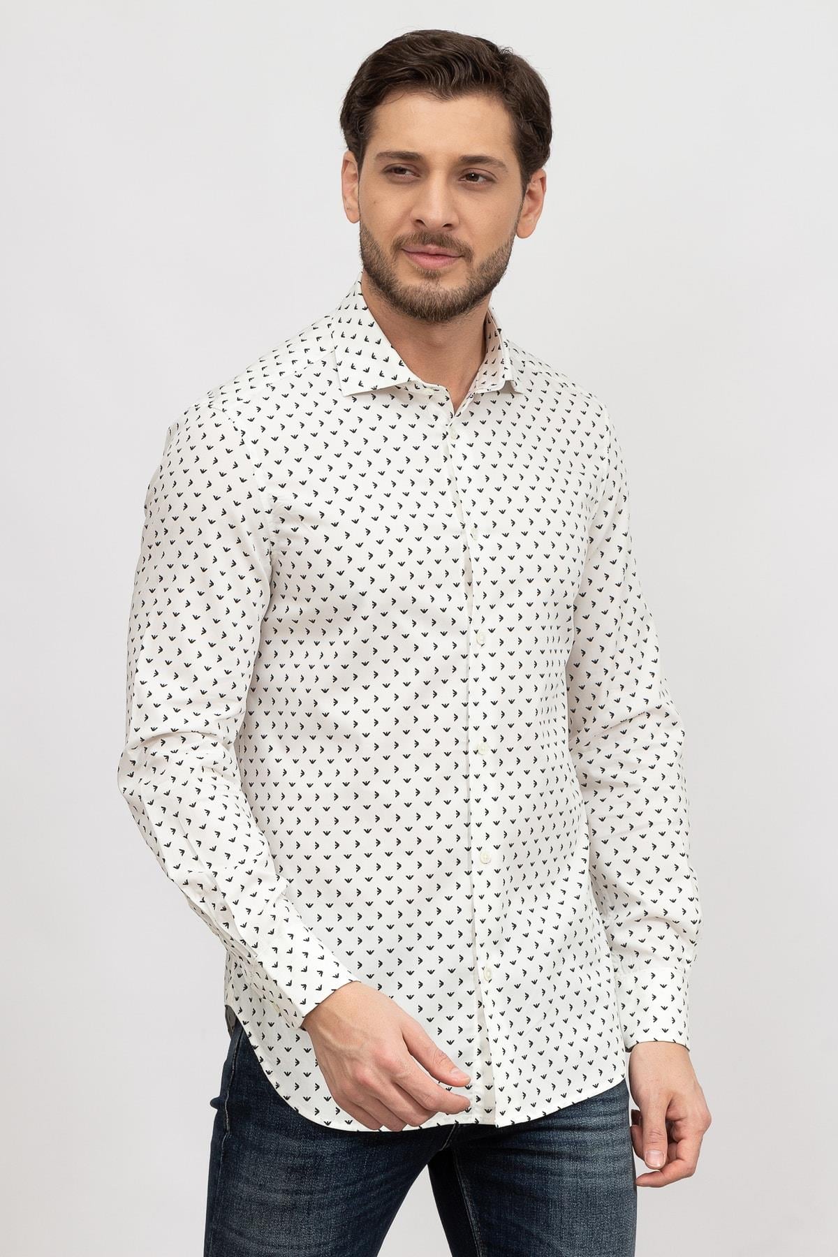 Emporio Armani Emporıo Armani Erkek Desenli Uzun Kollu Gömlek Yakalı Günlük Beyaz Gömlek 6L1C86 1NMVZ-F141