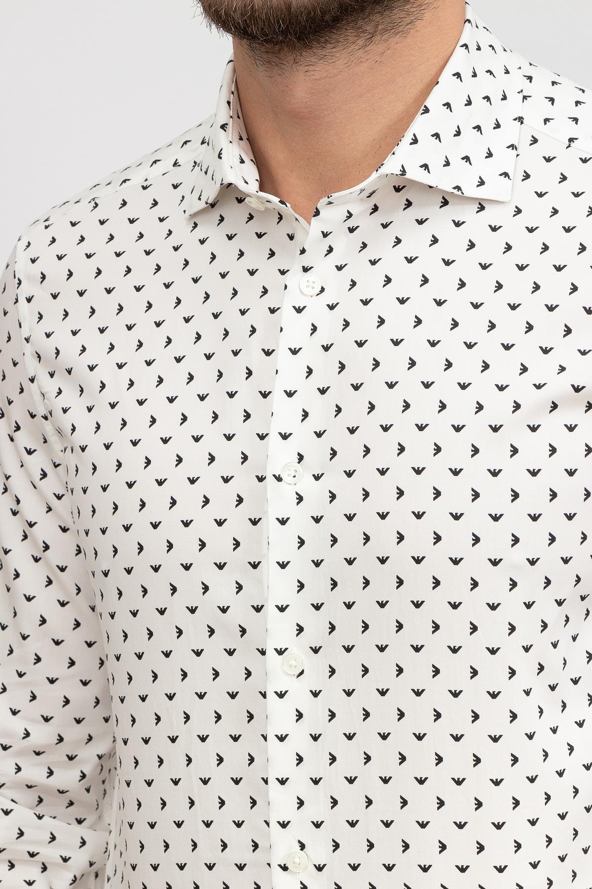 Emporio Armani Emporıo Armani Erkek Desenli Uzun Kollu Gömlek Yakalı Günlük Beyaz Gömlek 6L1C86 1NMVZ-F141