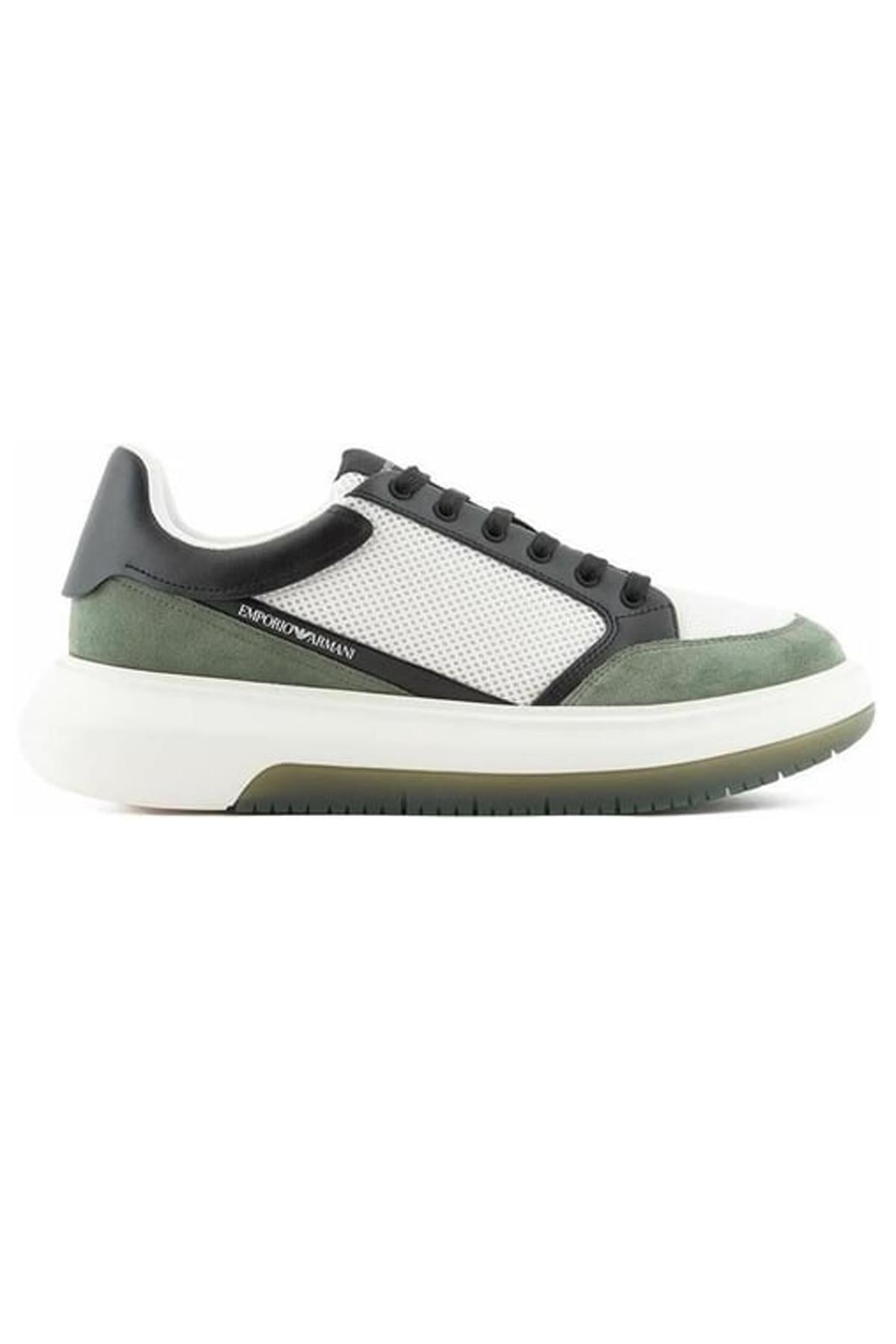 Emporio Armani Emporıo Armani Erkek Logolu Bağcıklı Deri Yeşil Sneaker X4X633 XN885-T095